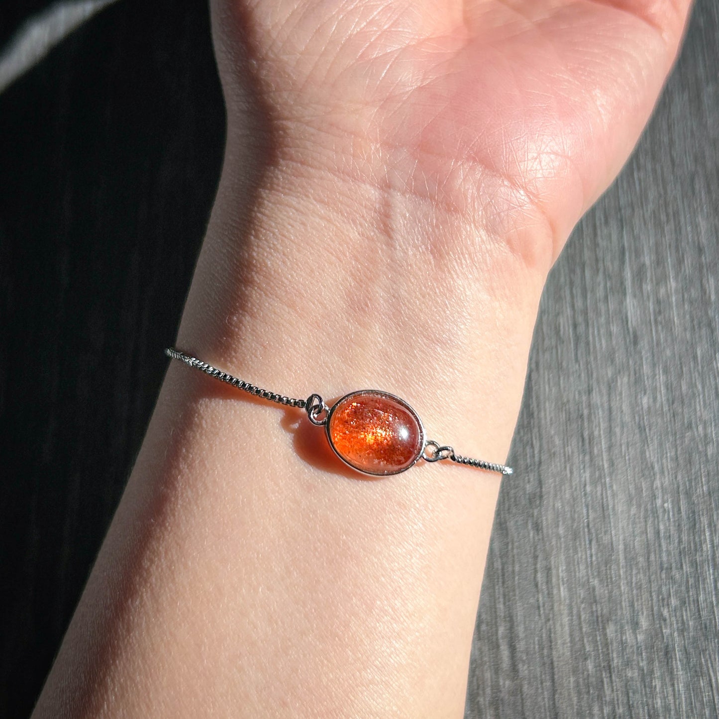 Rare Natural Starry Sunstone Adjustable Silver Bracelet