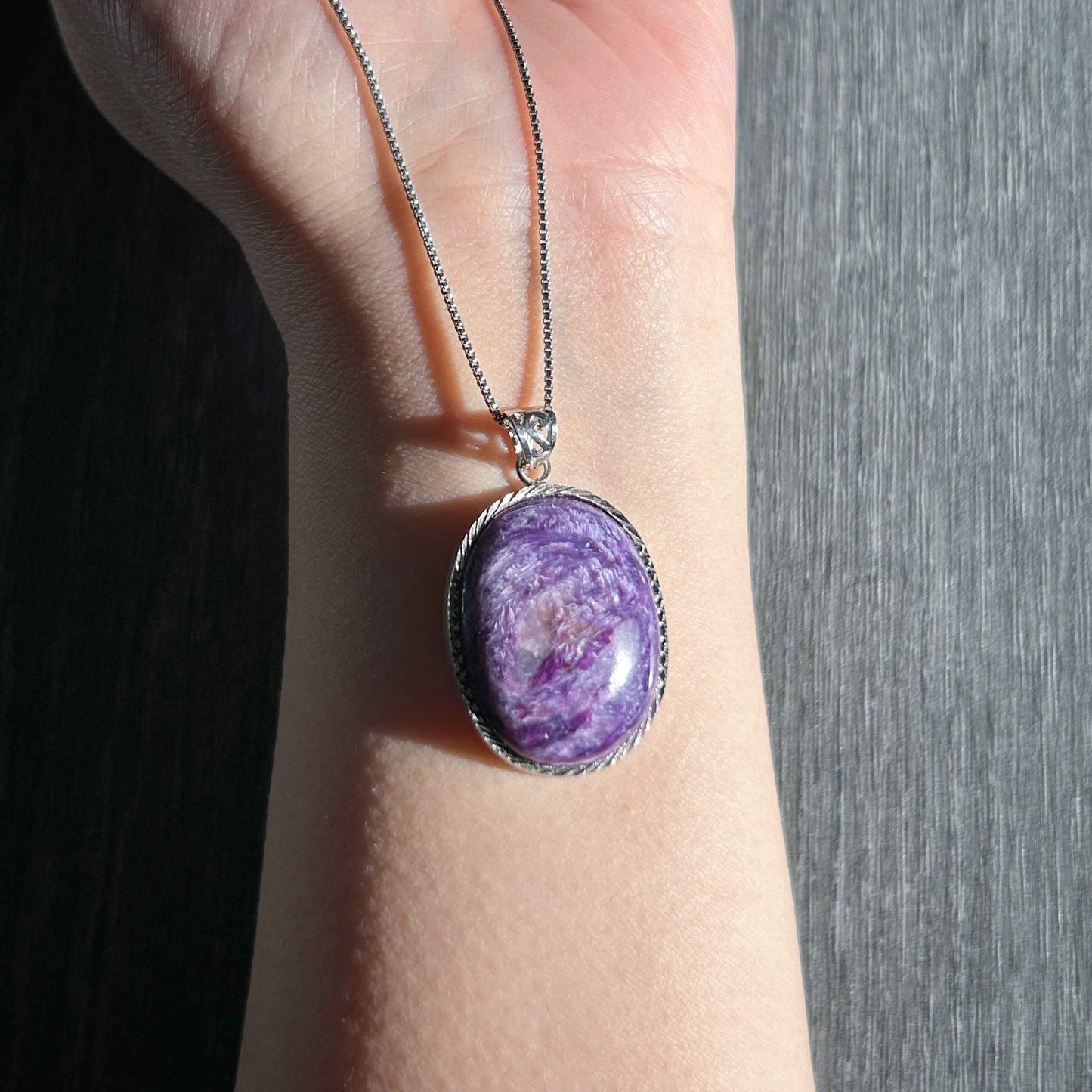 Rare Natural Charoite Large Oval 925 Sterling Silver Pendant (chain excluded)