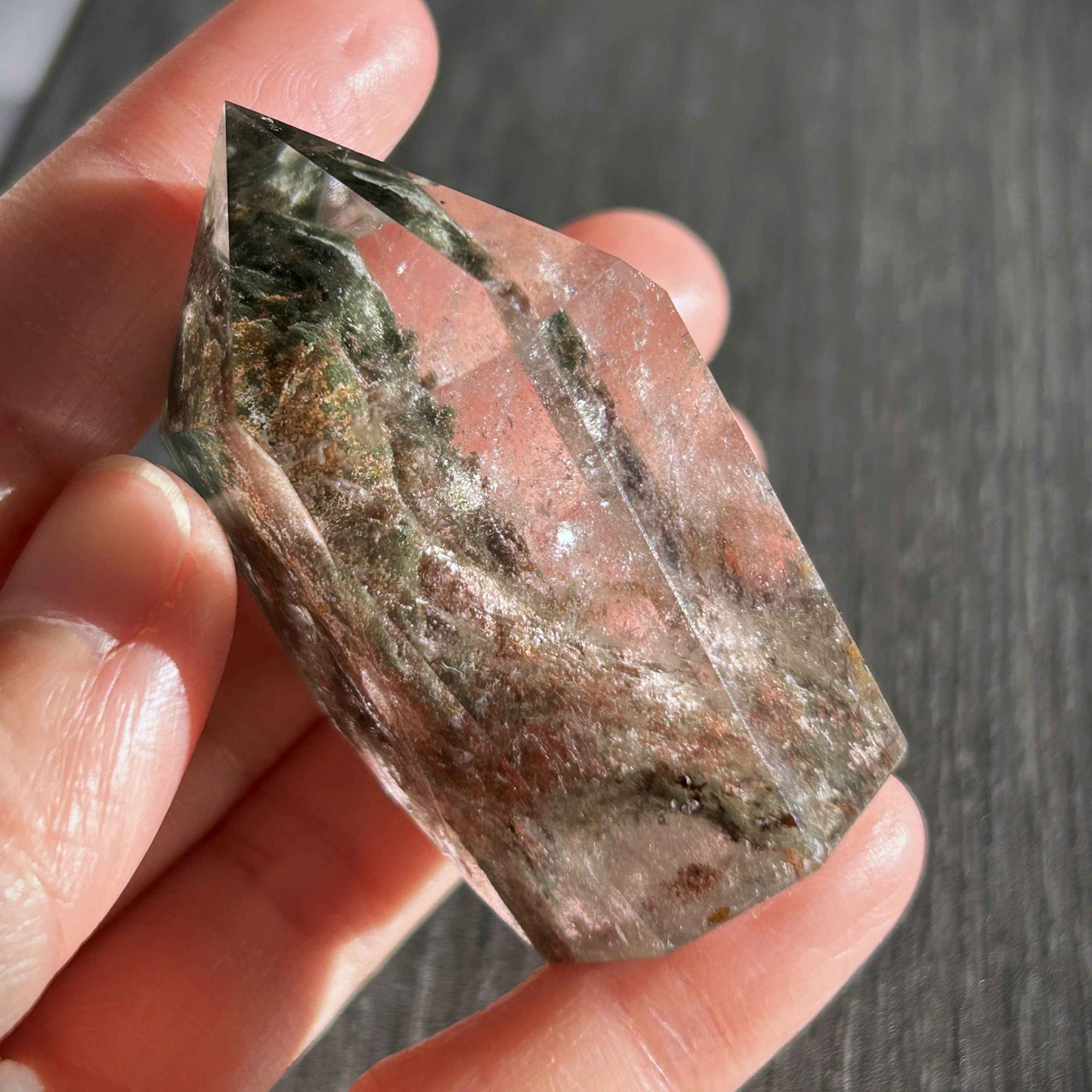 Rare Natural Green & Garden Phantom Quartz Points Polished Faceted Standing Stone | Green Garden Quartz