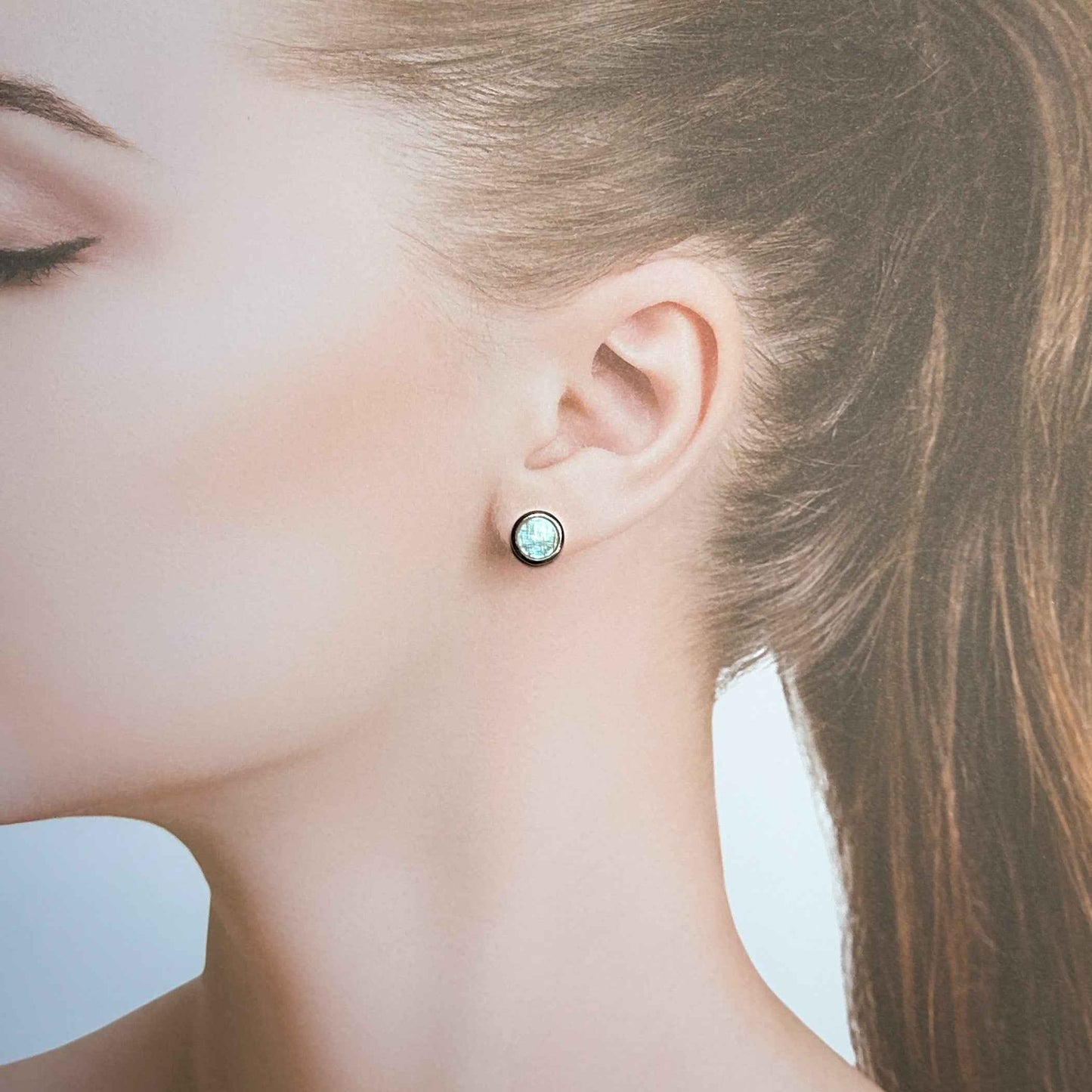 High Quality Rainbow Blue Moonstone Stud Earrings in 925 Sterling Silver