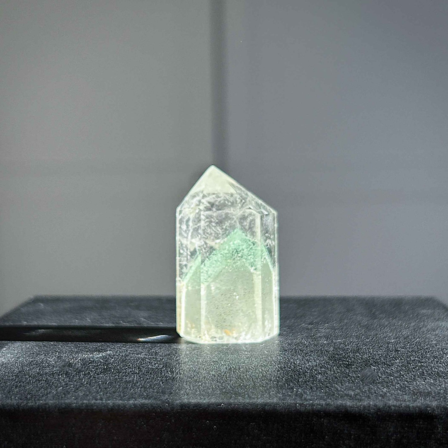 Rare Natural Green Phantom Quartz in Pyramid Pattern Points Standing Stone