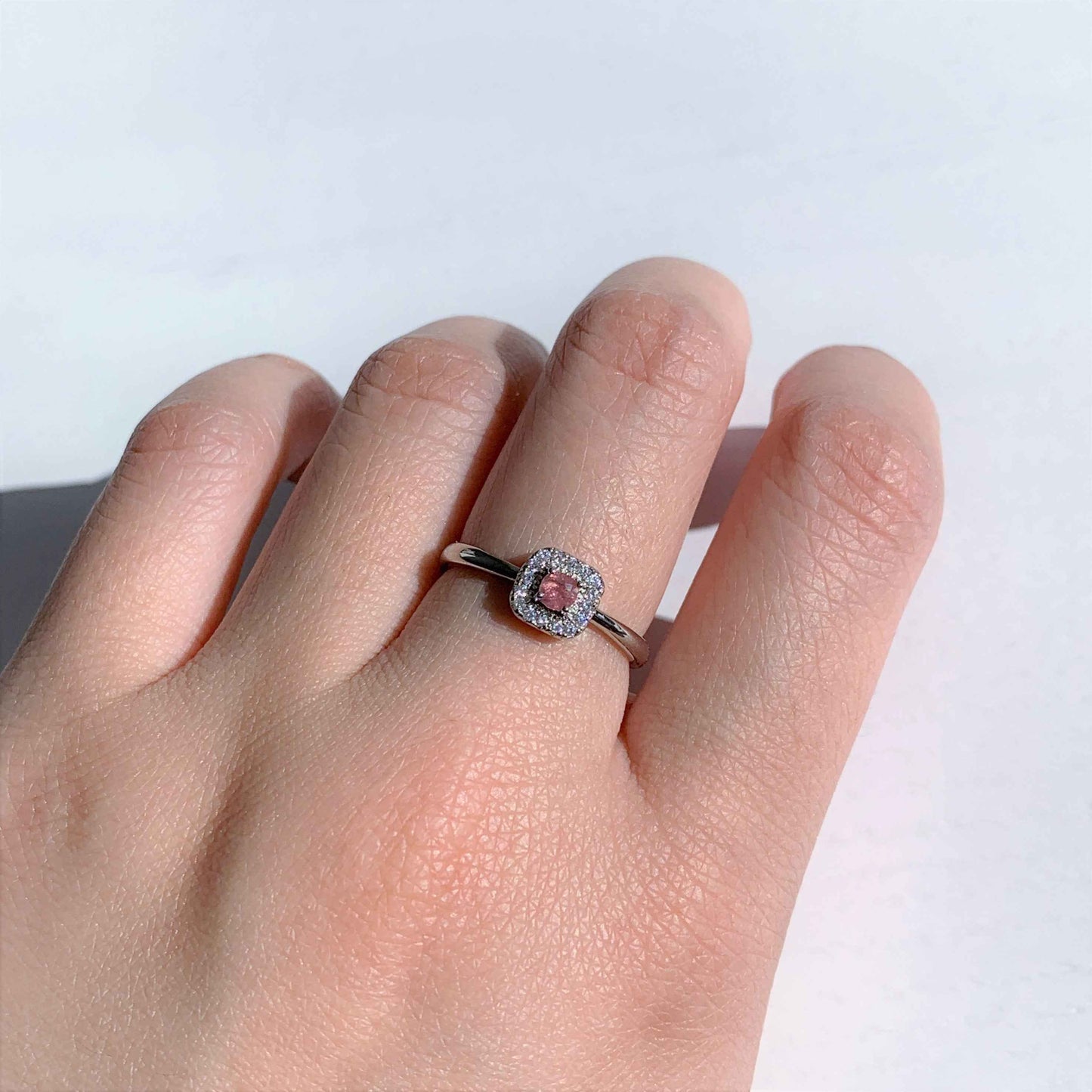 Faceted Pink & Green Tourmaline Adjustable Silver Ring with Zircon