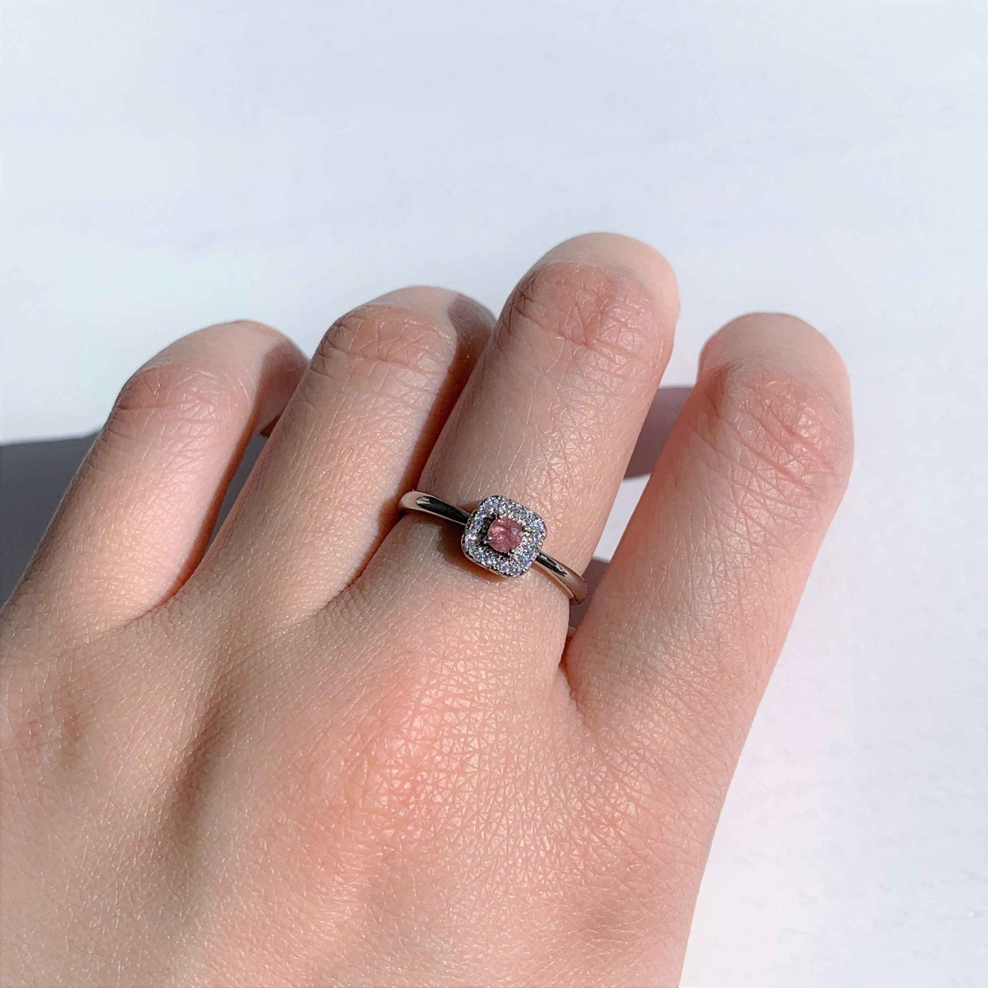 Faceted Pink & Green Tourmaline Adjustable Silver Ring with Zircon