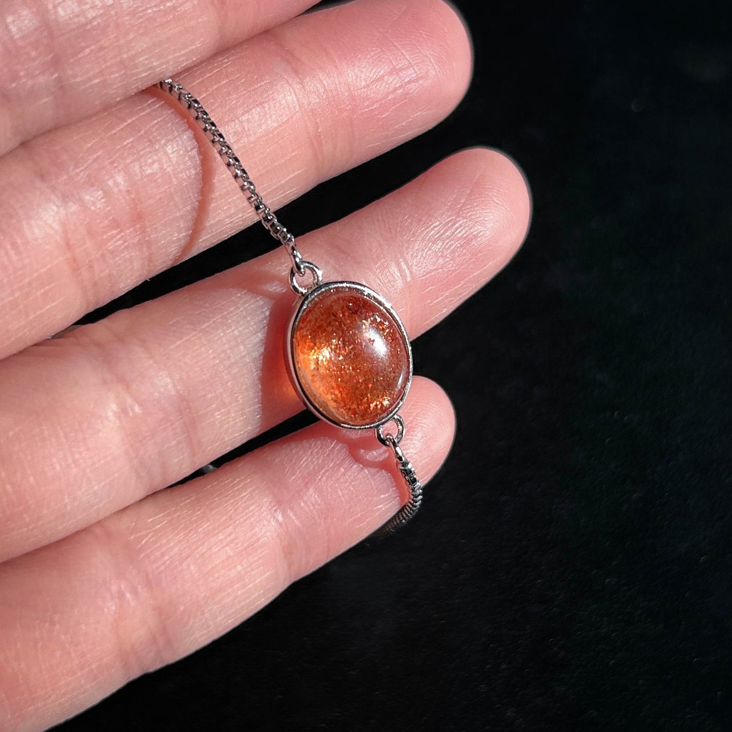 Rare Natural Starry Sunstone Adjustable Silver Bracelet