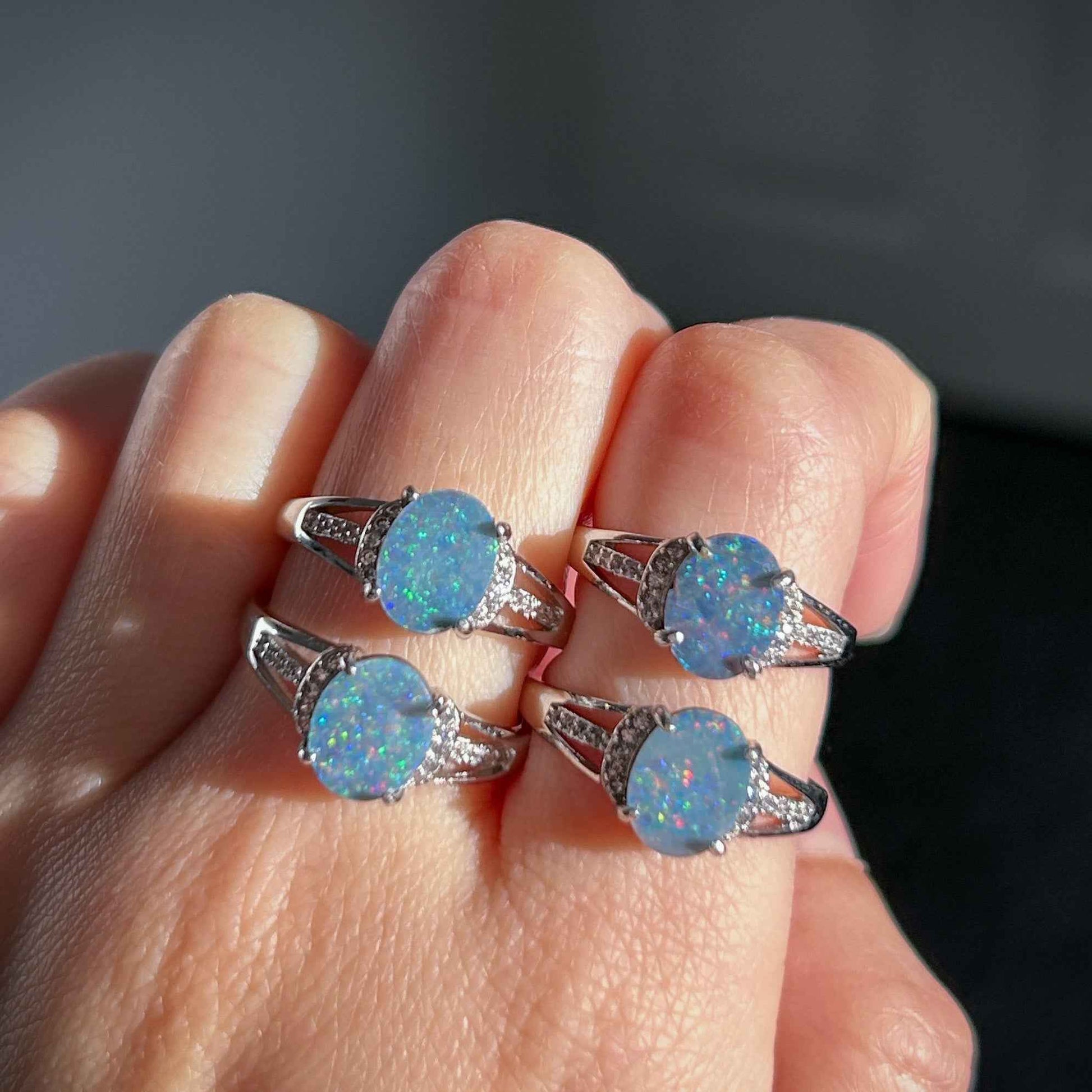 Natural Australian Rainbow Blue Opal Adjustable 925 Sterling Silver Ring