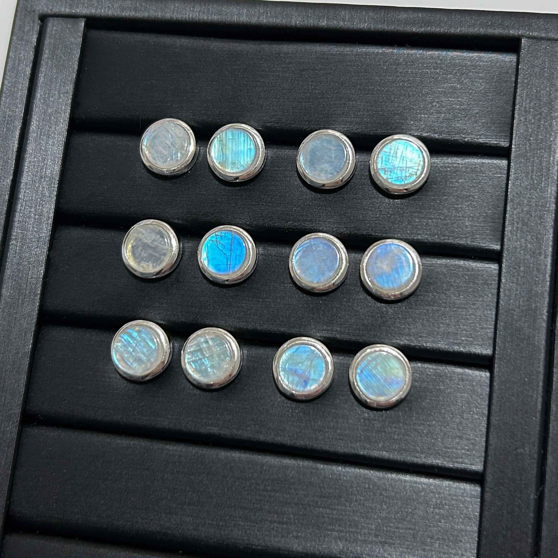 High Quality Rainbow Blue Moonstone Stud Earrings in 925 Sterling Silver