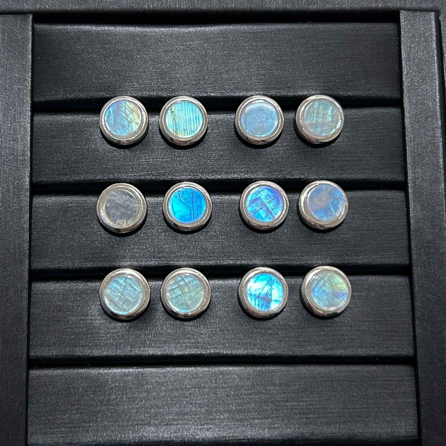 High Quality Rainbow Blue Moonstone Stud Earrings in 925 Sterling Silver