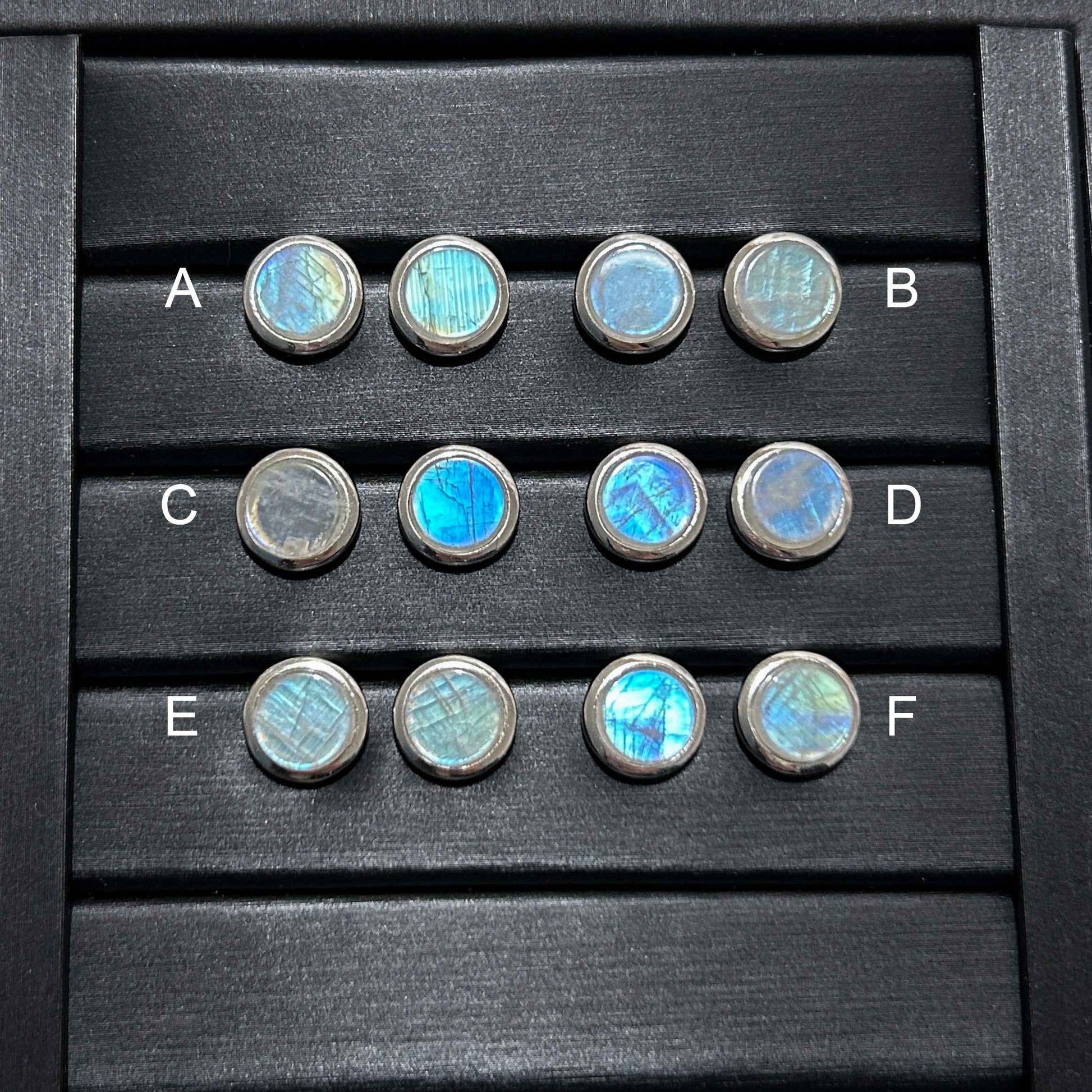 High Quality Rainbow Blue Moonstone Stud Earrings in 925 Sterling Silver