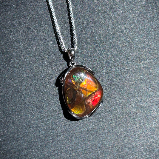 Rare Rainbow Ammolite 925 Sterling Silver Pendant (chain excluded)