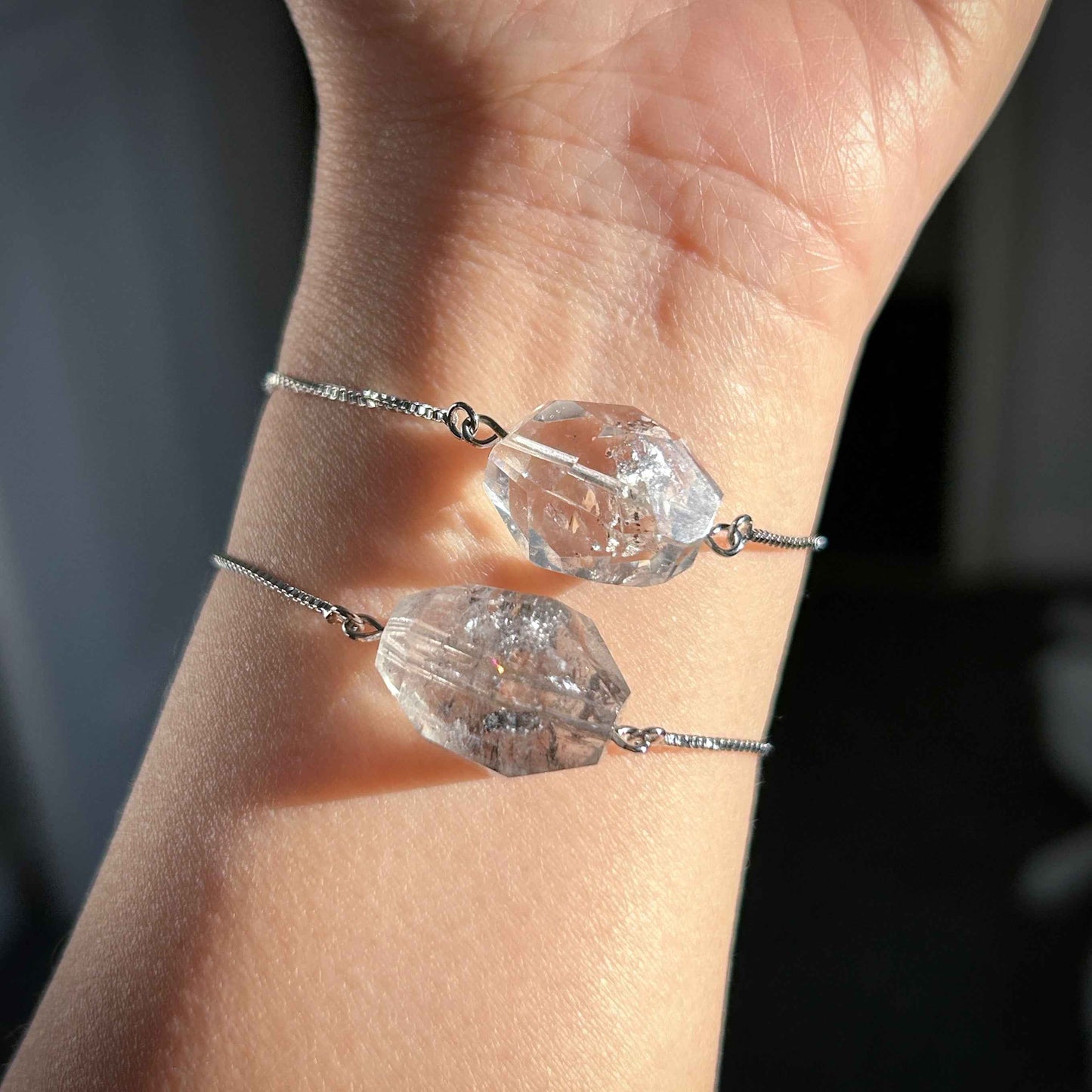 Rare Faceted Herkimer Diamond Silver Adjustable Bracelet