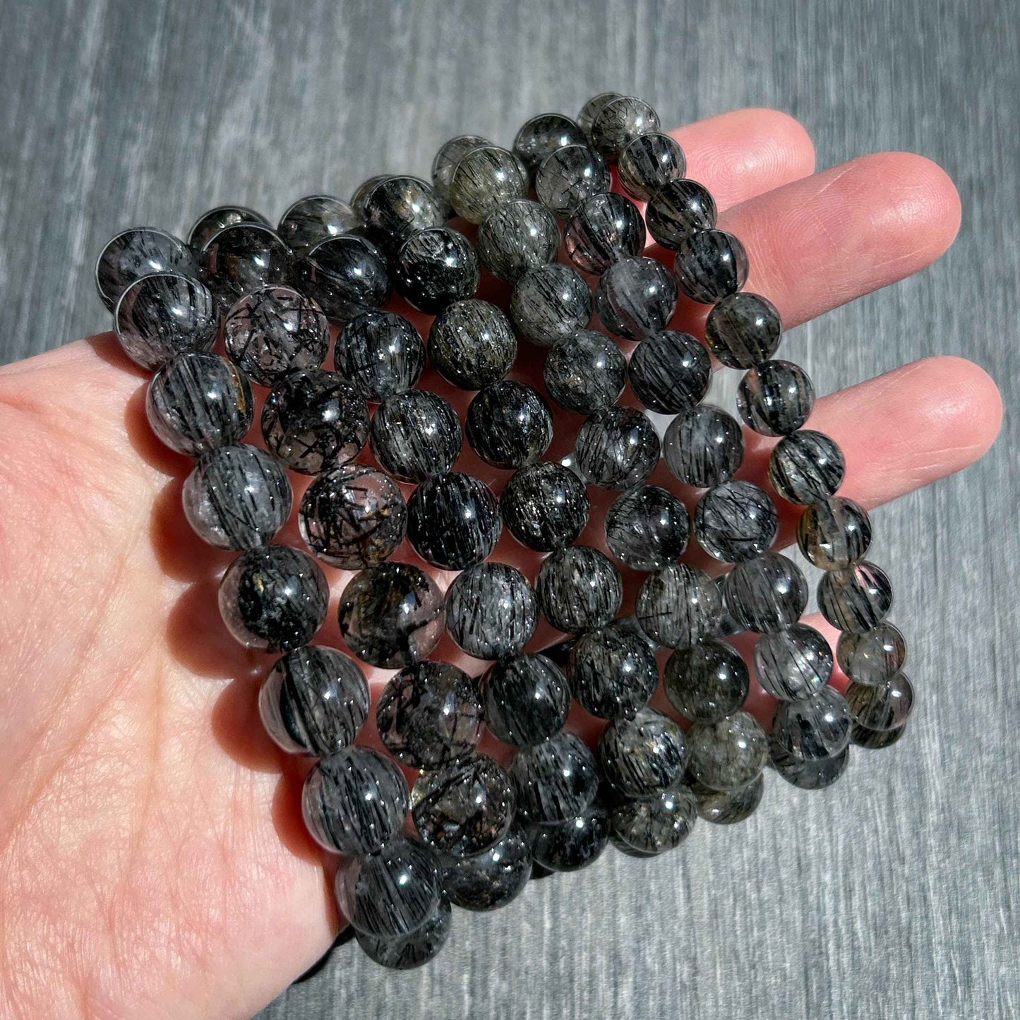 Rare Black Rutilated Quartz with Aligned Hair Bracelets in 7-11MM