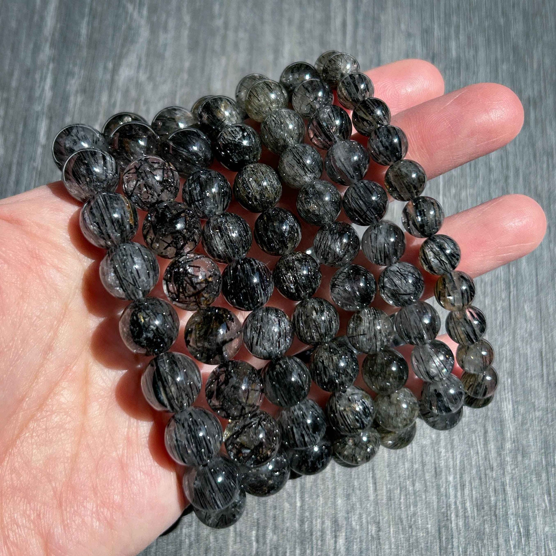 Rare Black Rutilated Quartz with Aligned Hair Bracelets in 7-11MM