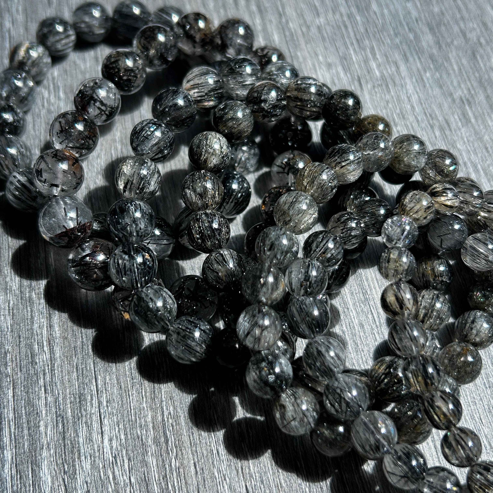 Rare Black Rutilated Quartz with Aligned Hair Bracelets in 7-11MM
