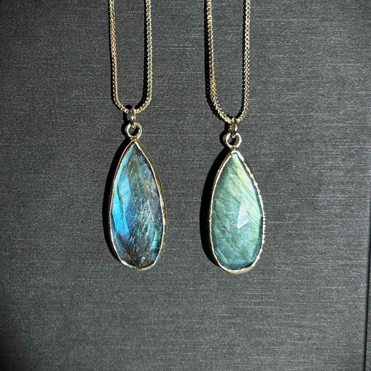 Natural Faceted Blue & Green Labradorite 14k Gold Pendant
