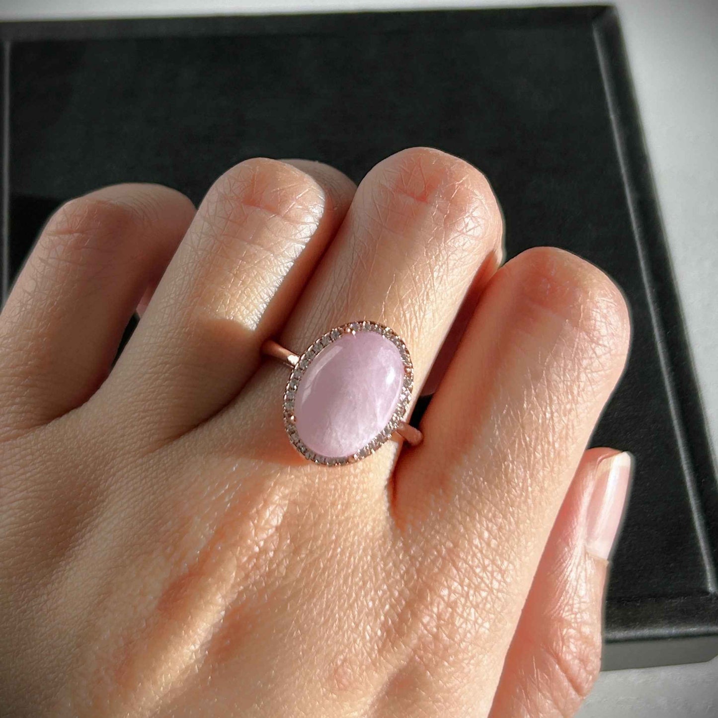 Rare Kunzite Adjustable Rose Gold Ring with Zircon