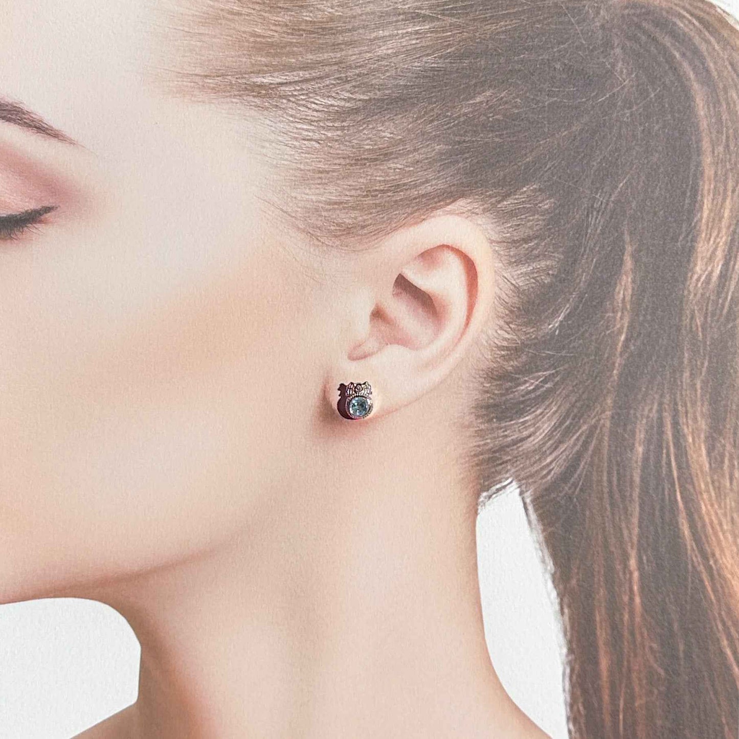 Blue Topaz with Ribbon Silver Stud Earrings