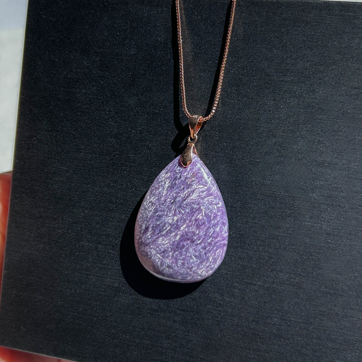 Natural Charoite Large Pendant in Rose Gold Plated 925 Silver (chain excluded)