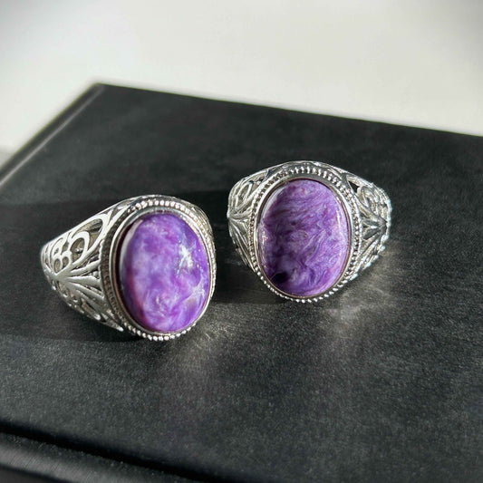 Rare Large Charoite Adjustable 925 Silver Ring