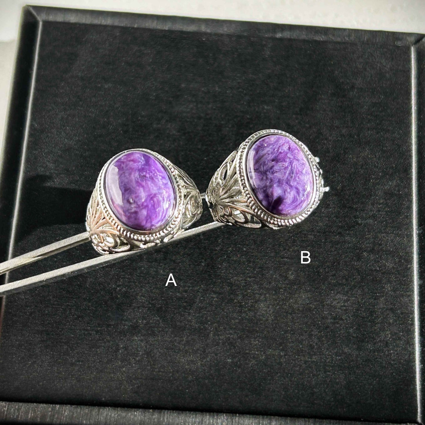 Rare Large Charoite Adjustable 925 Silver Ring