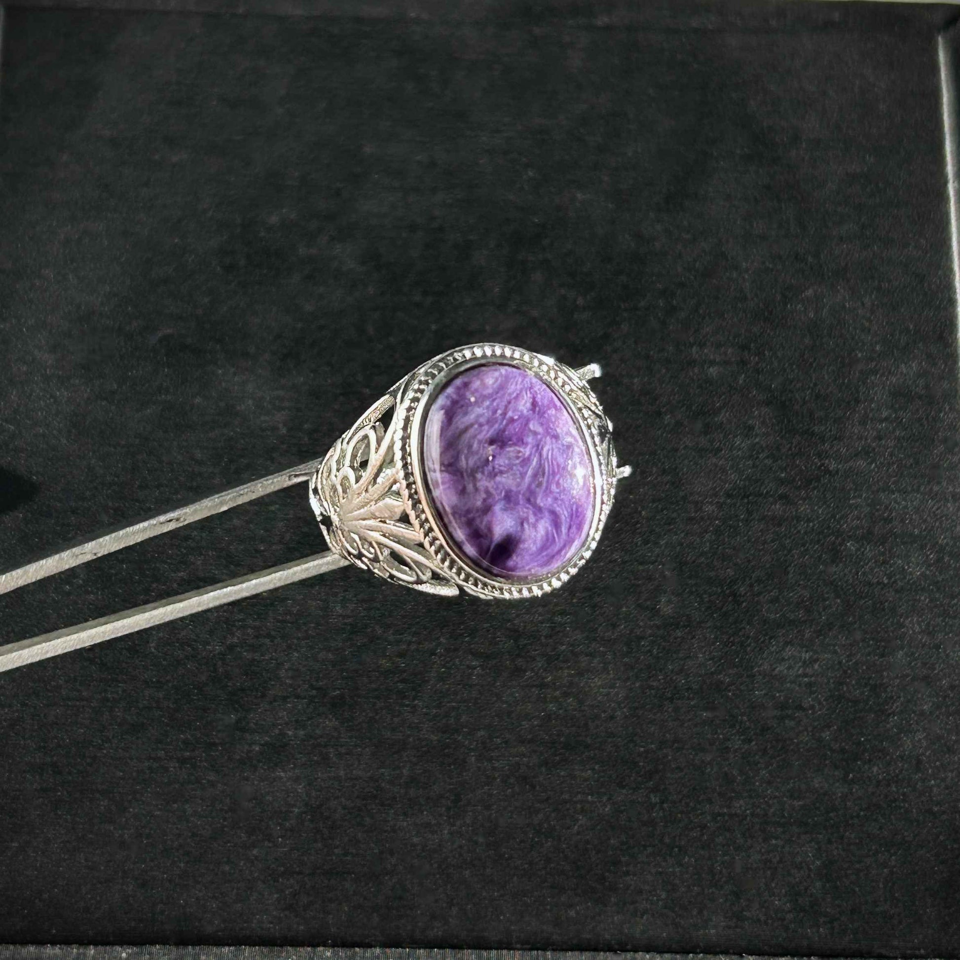 Rare Large Charoite Adjustable 925 Silver Ring