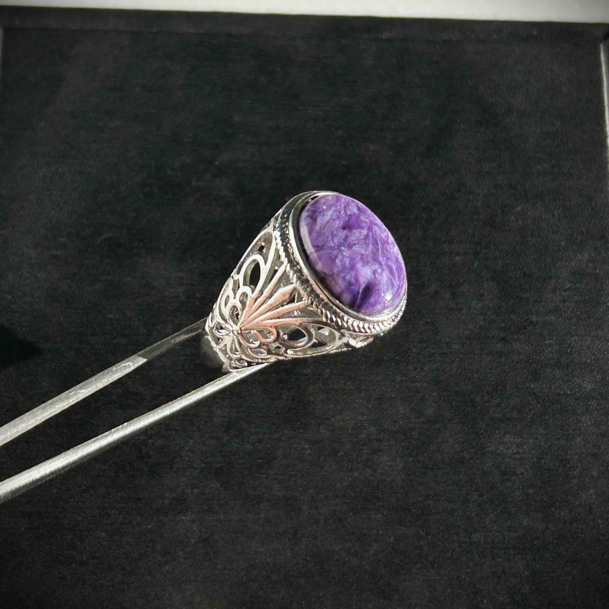 Rare Large Charoite Adjustable 925 Silver Ring