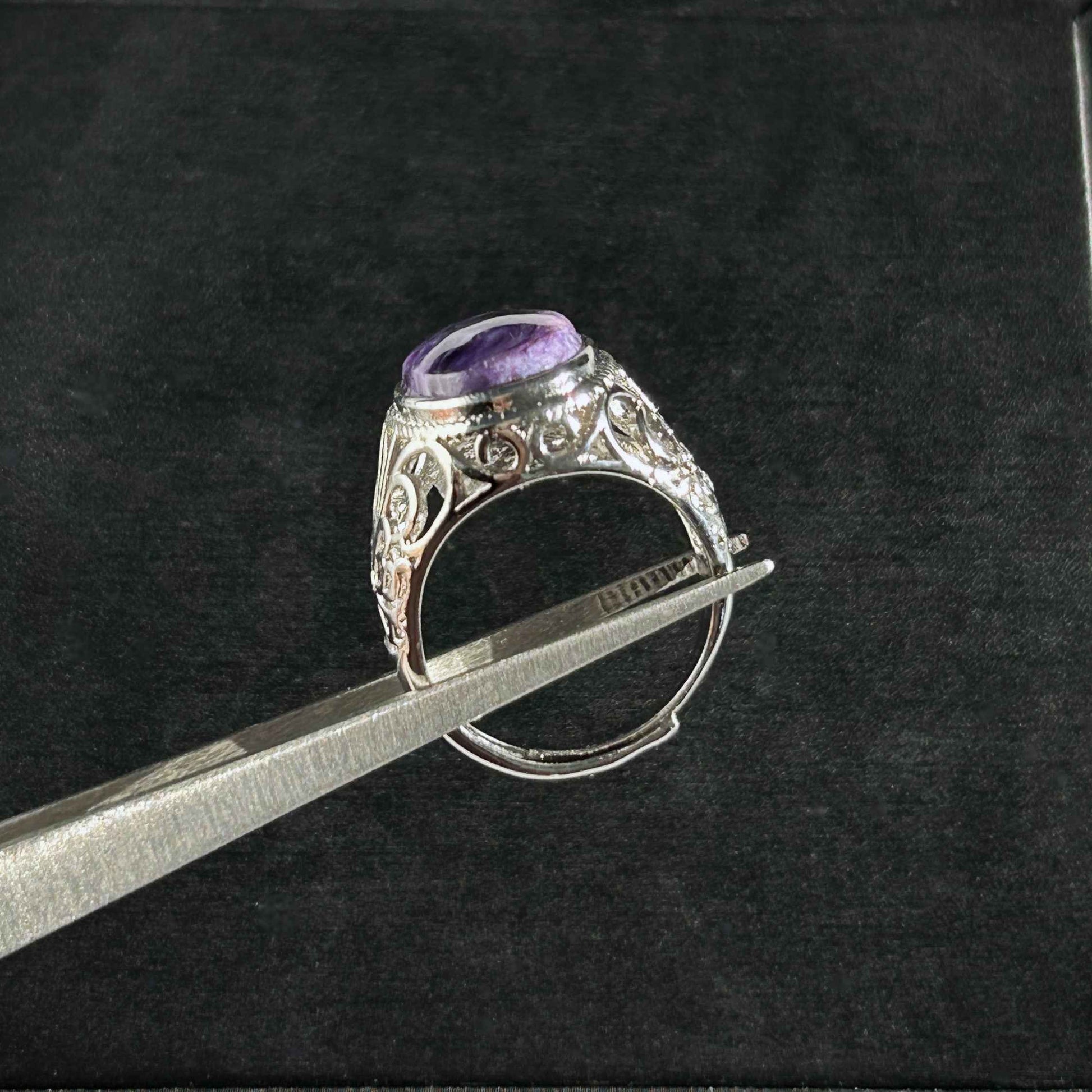 Rare Large Charoite Adjustable 925 Silver Ring