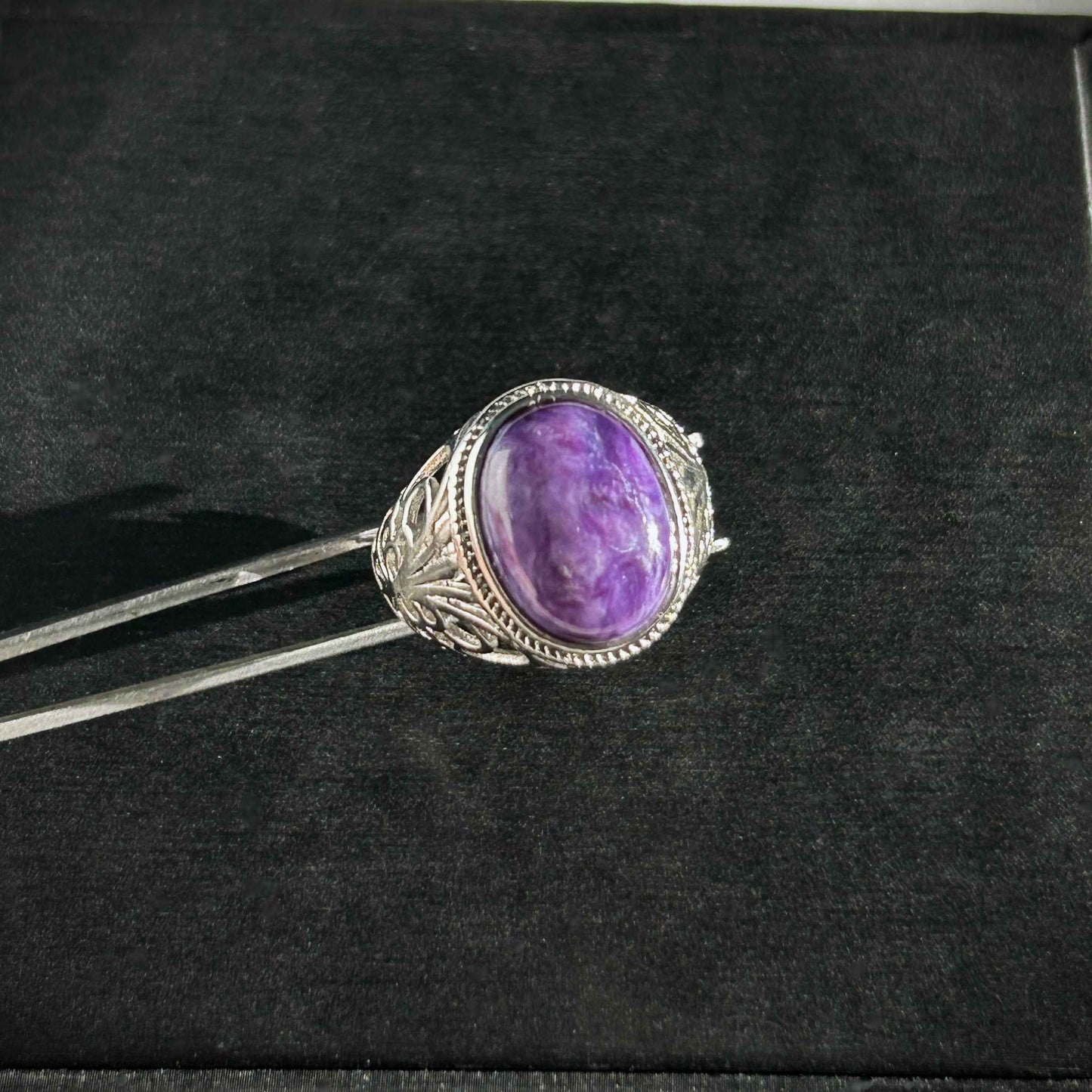 Rare Large Charoite Adjustable 925 Silver Ring