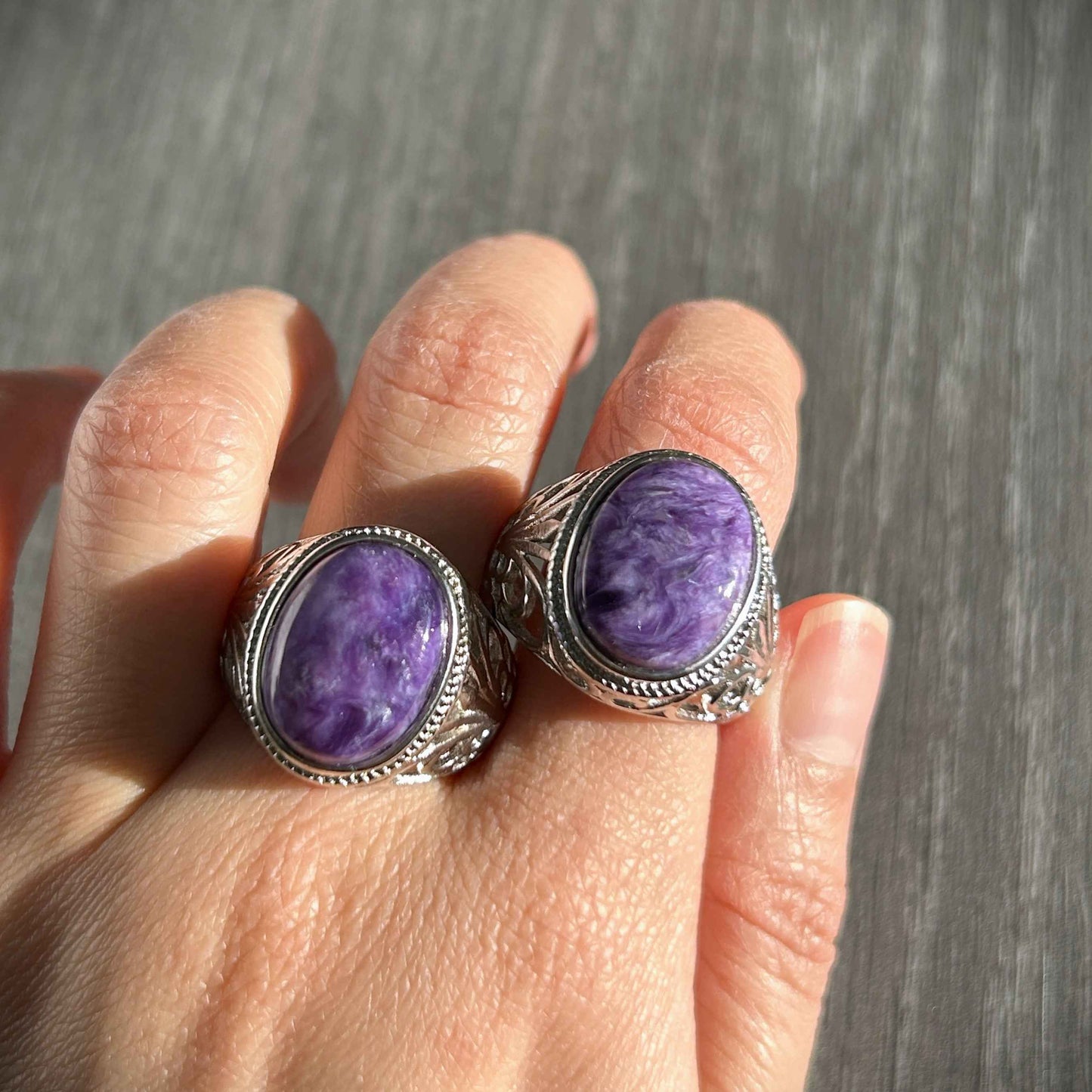 Rare Large Charoite Adjustable 925 Silver Ring