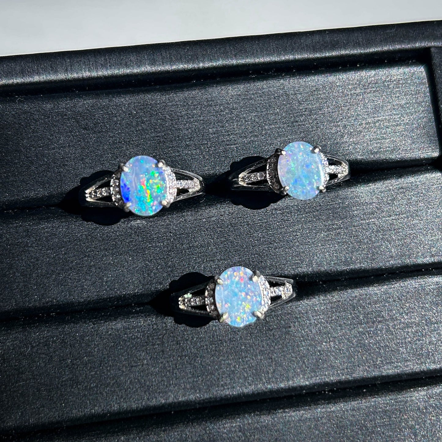 Natural Australian Rainbow Blue Opal Adjustable 925 Sterling Silver Ring