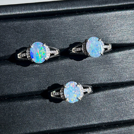 Natural Australian Rainbow Blue Opal Adjustable 925 Sterling Silver Ring