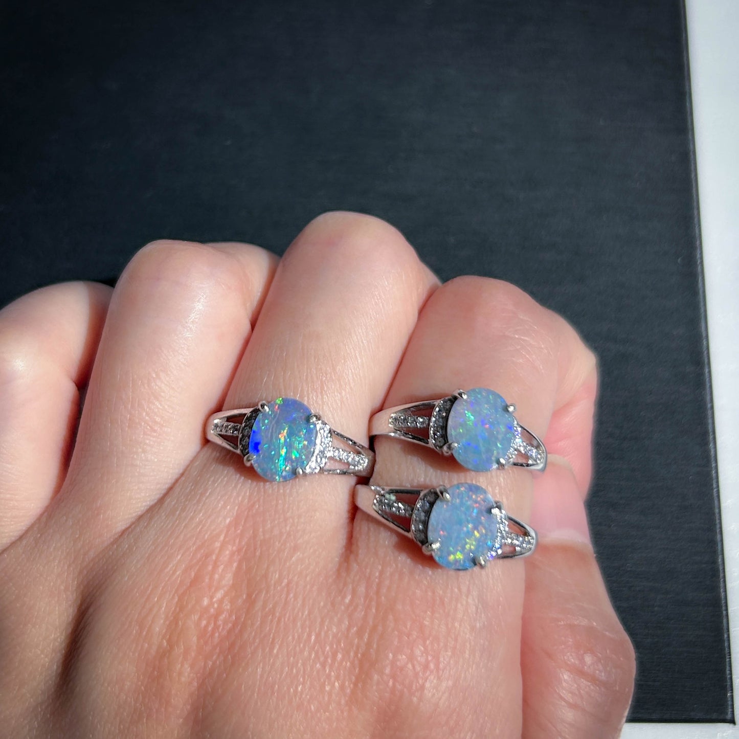 Natural Australian Rainbow Blue Opal Adjustable 925 Sterling Silver Ring