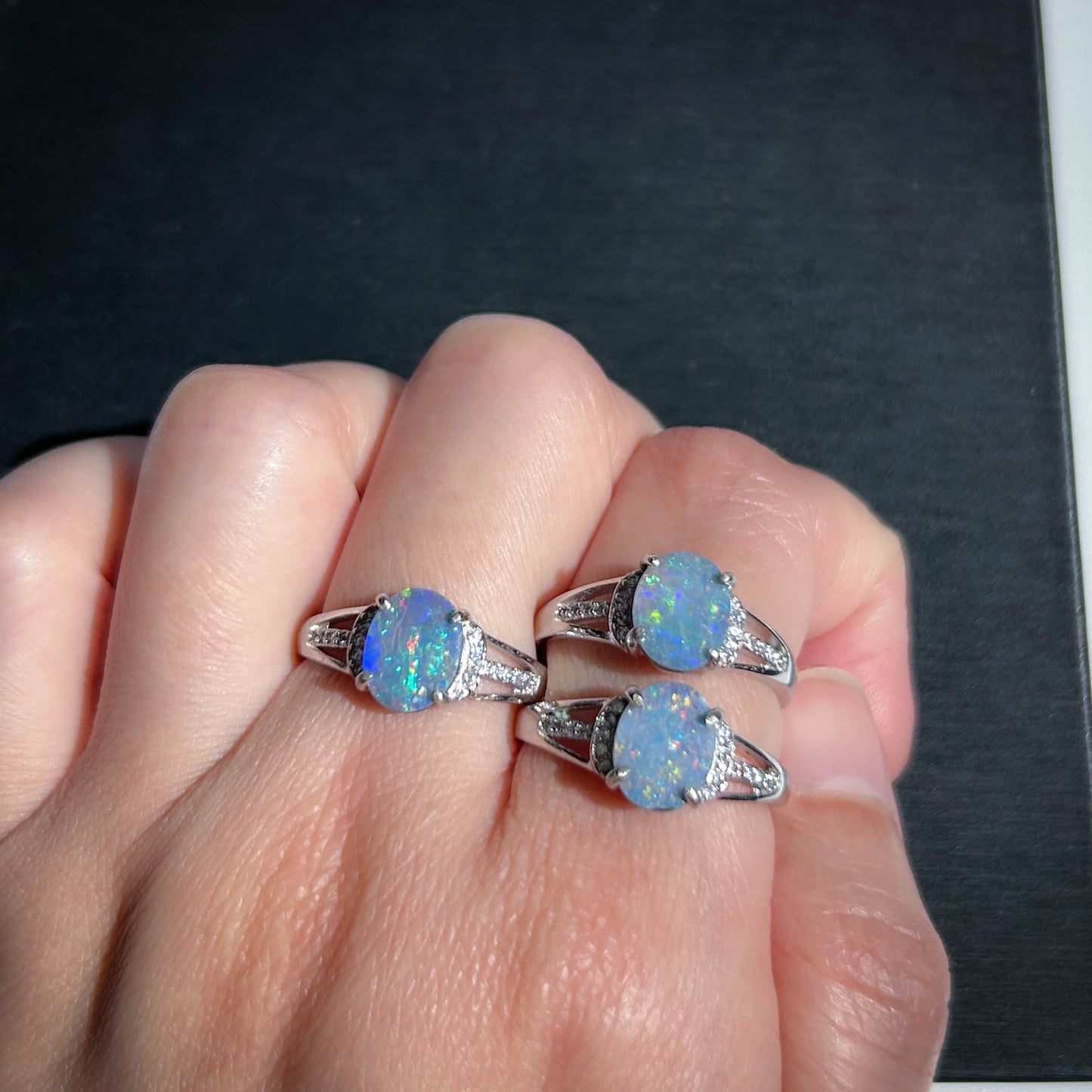 Natural Australian Rainbow Blue Opal Adjustable 925 Sterling Silver Ring