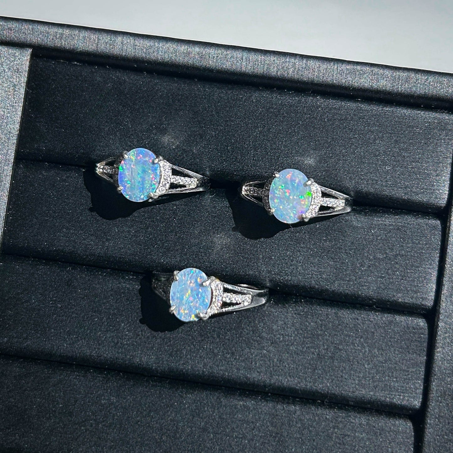 Natural Australian Rainbow Blue Opal Adjustable 925 Sterling Silver Ring