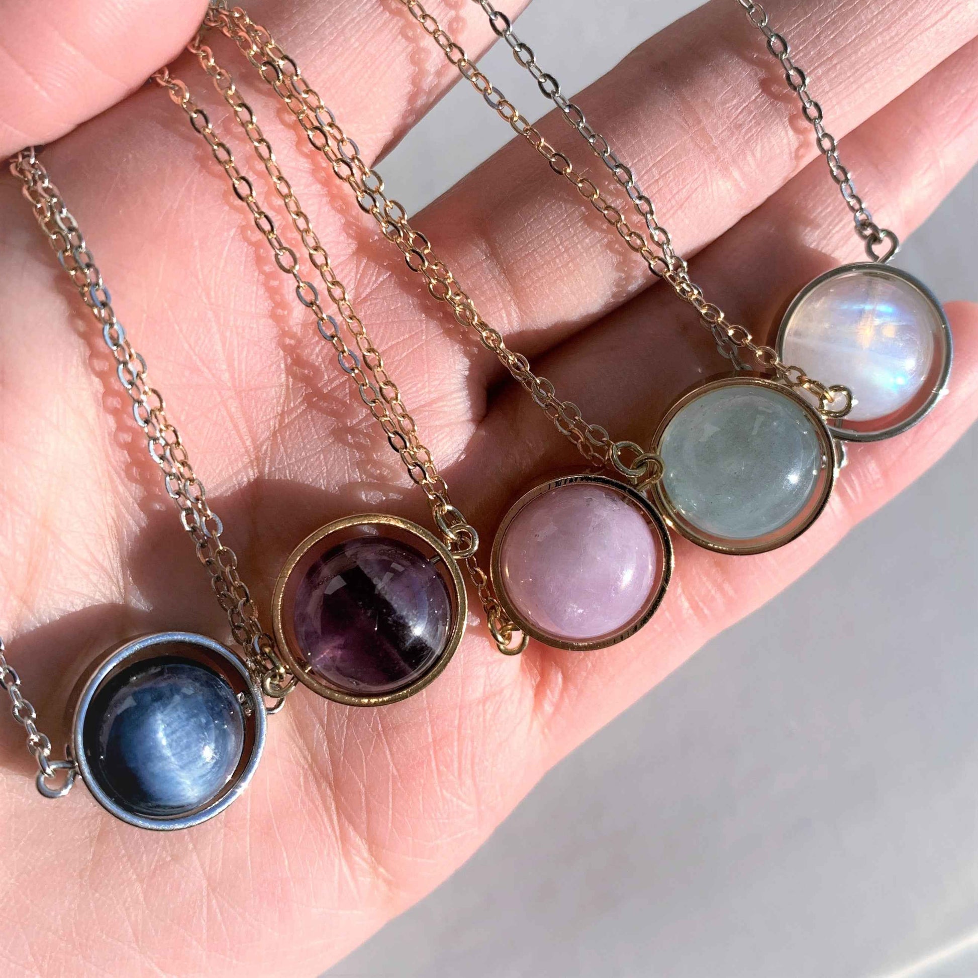 7 Types of Crystal Beads Necklace Silver 14k Gold Pendant | Moonstone Herkimer Kunzite (chain included)
