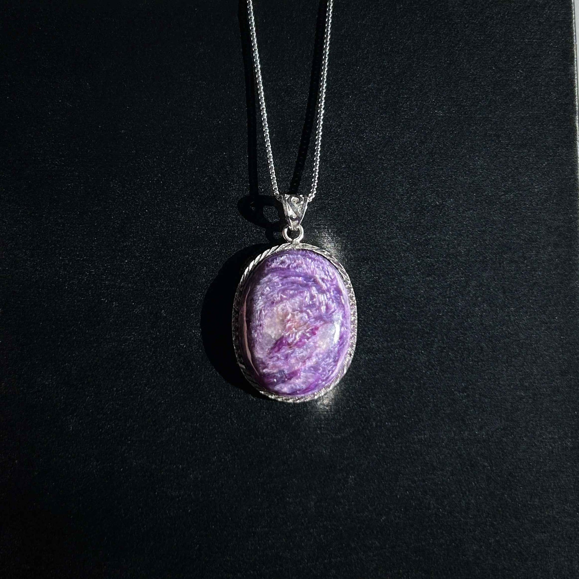 Rare Natural Charoite Large Oval 925 Sterling Silver Pendant (chain excluded)