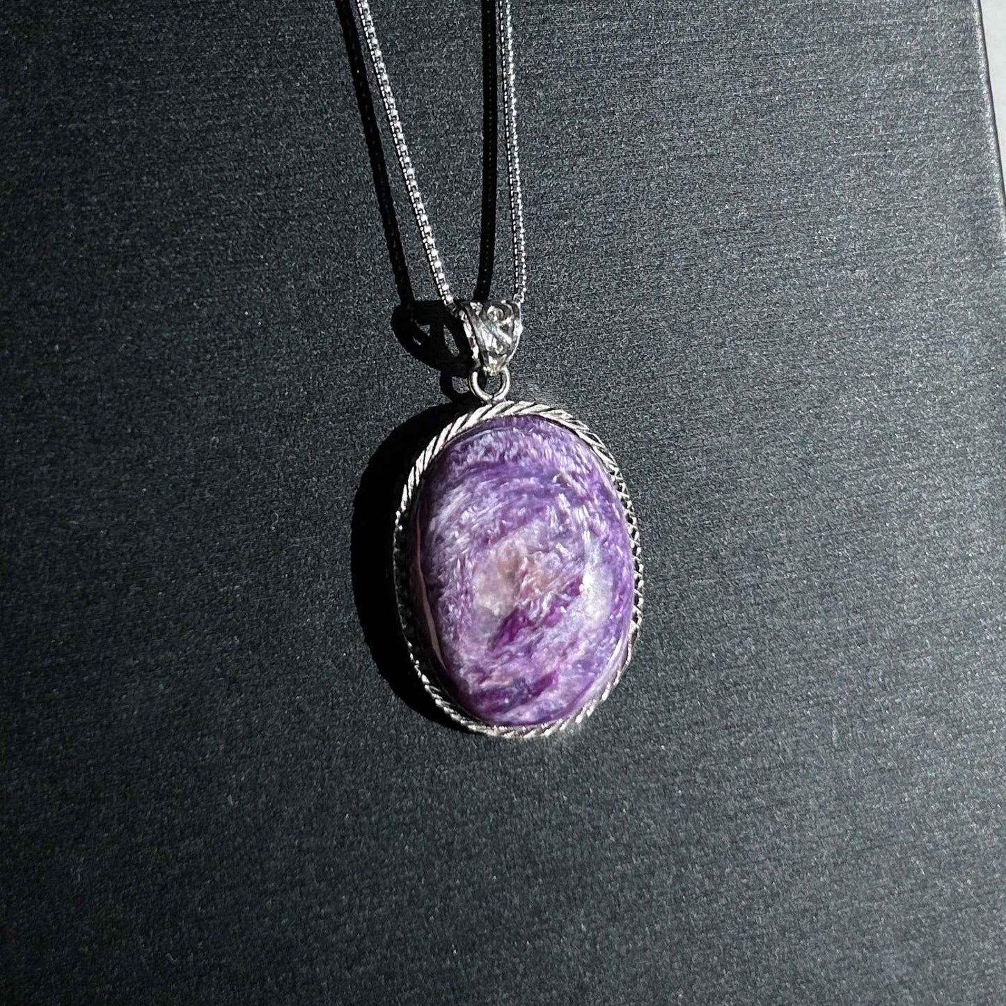 Rare Natural Charoite Large Oval 925 Sterling Silver Pendant (chain excluded)