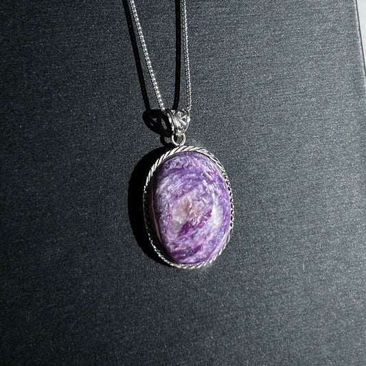 Rare Natural Charoite Large Oval 925 Sterling Silver Pendant (chain excluded)