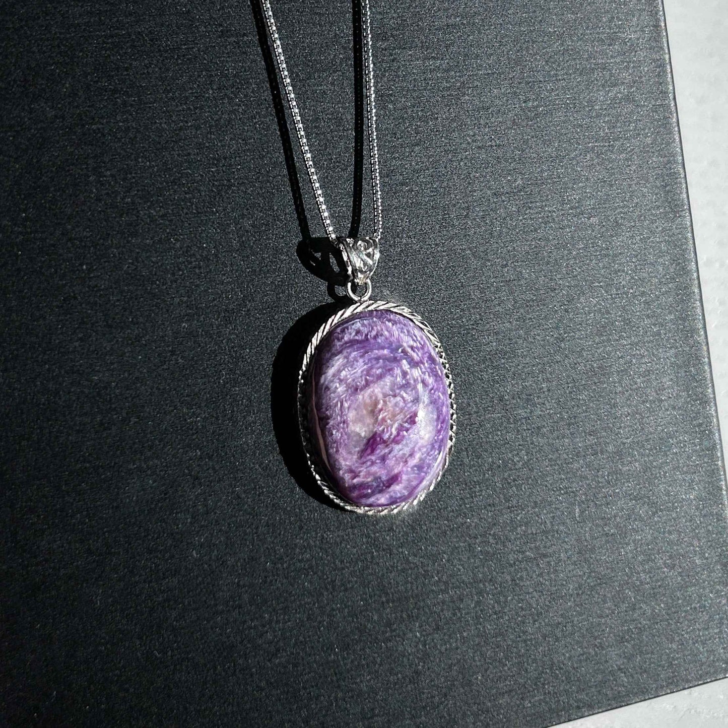 Rare Natural Charoite Large Oval 925 Sterling Silver Pendant (chain excluded)