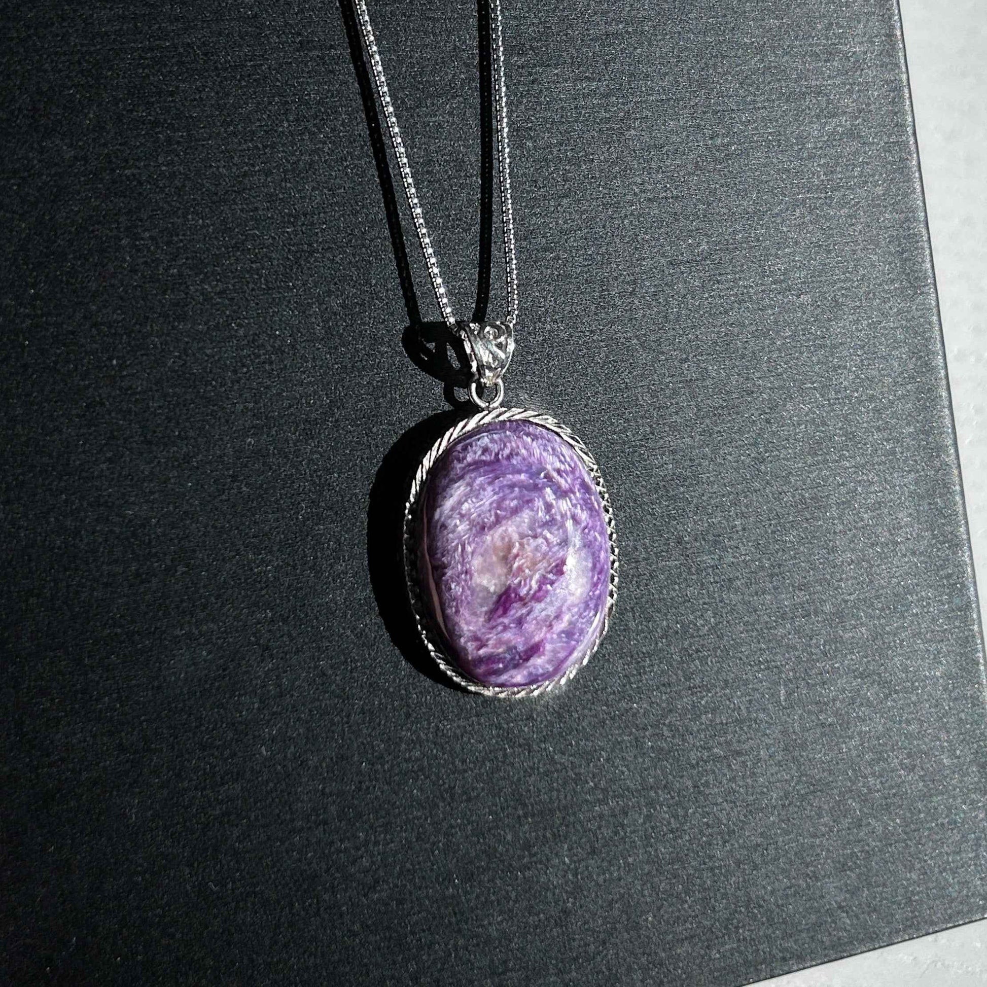 Rare Natural Charoite Large Oval 925 Sterling Silver Pendant (chain excluded)