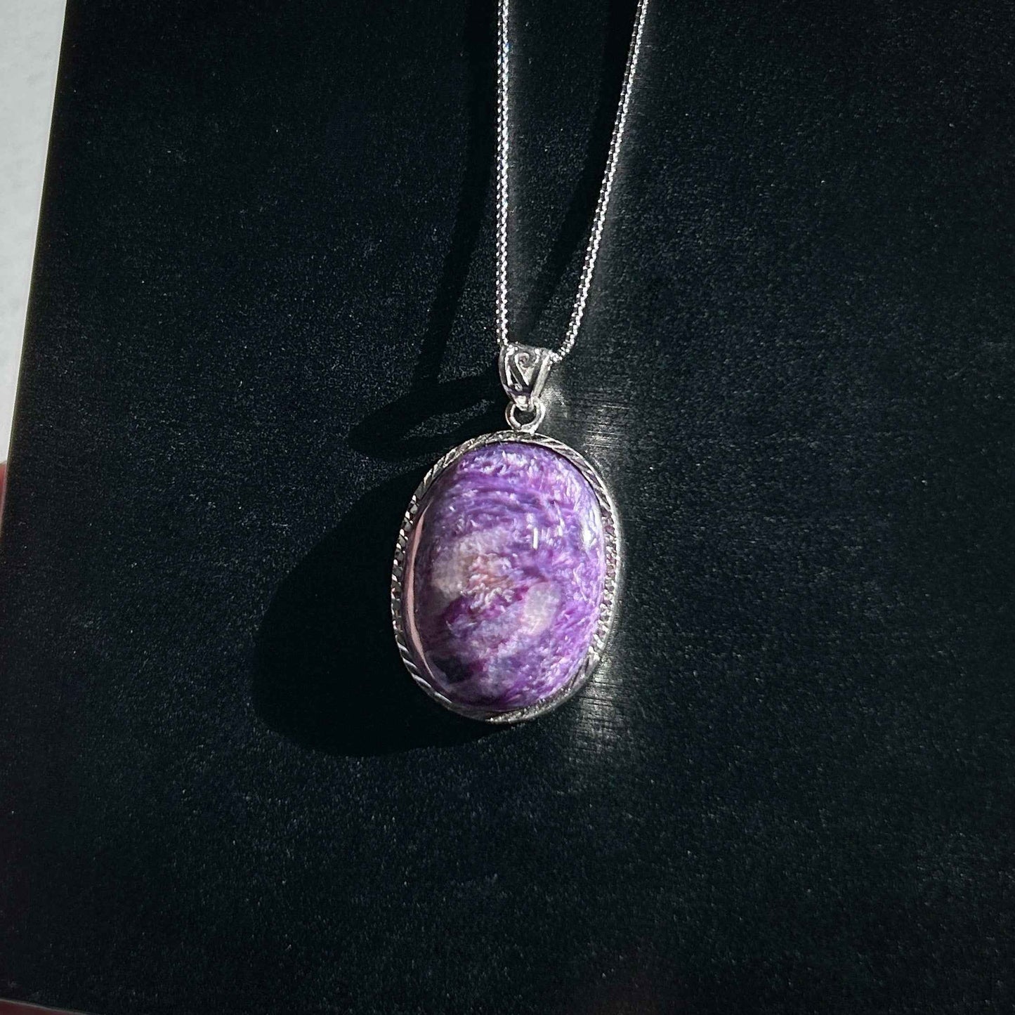 Rare Natural Charoite Large Oval 925 Sterling Silver Pendant (chain excluded)