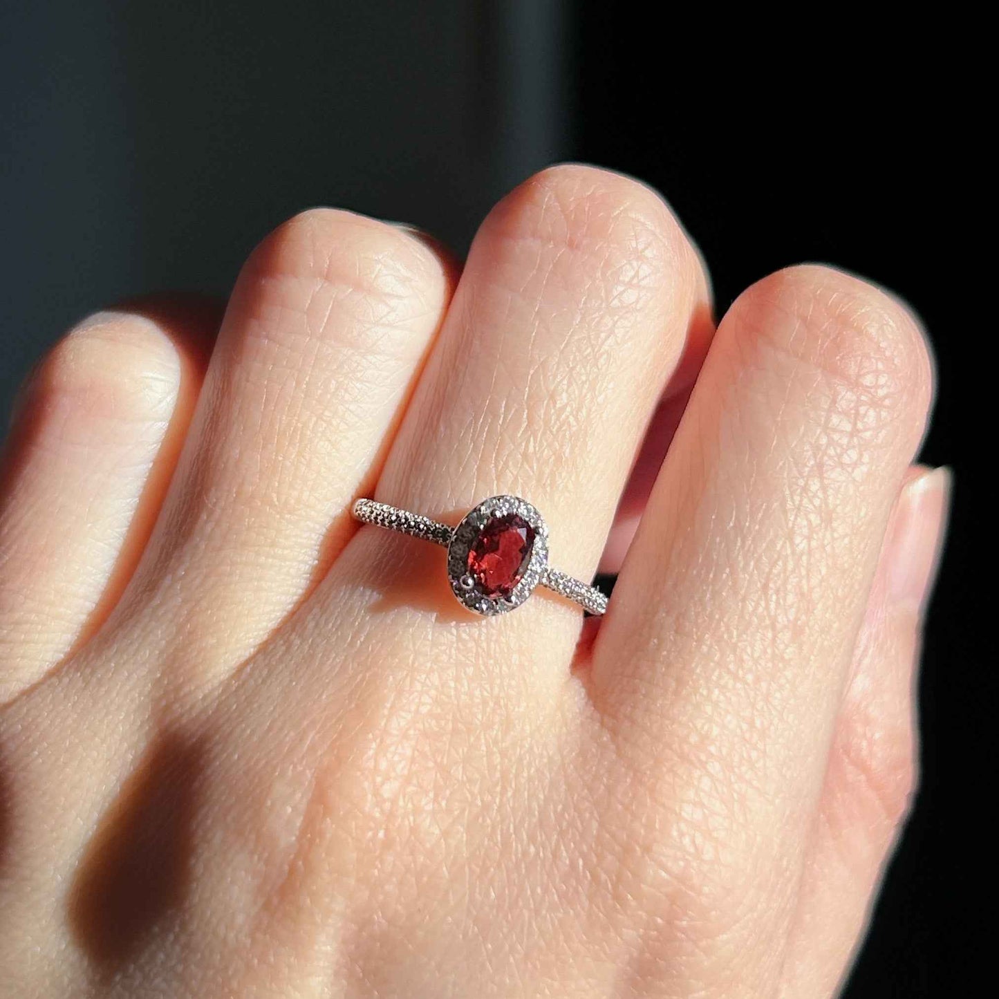 Faceted Garnet Adjustable Silver Ring with Zircon