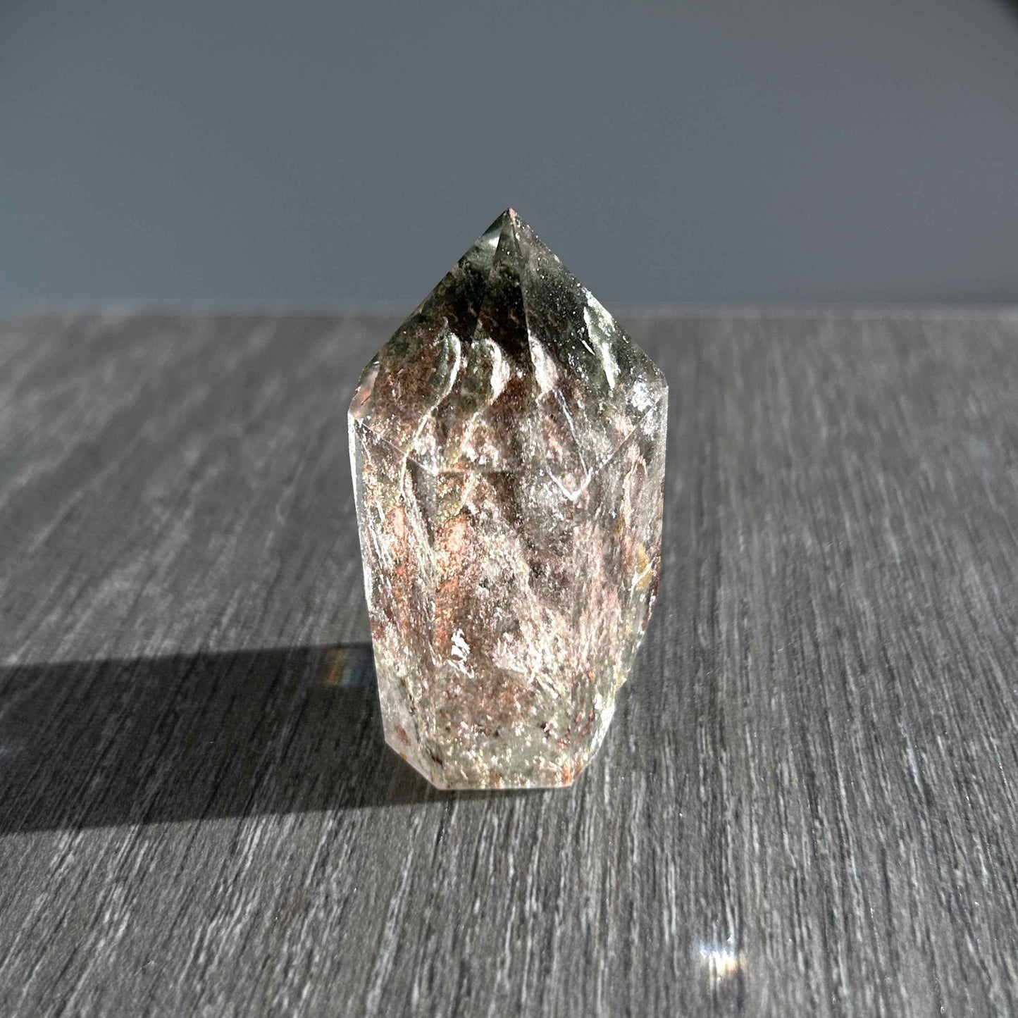 Rare Natural Green & Garden Phantom Quartz Points Polished Faceted Standing Stone | Green Garden Quartz