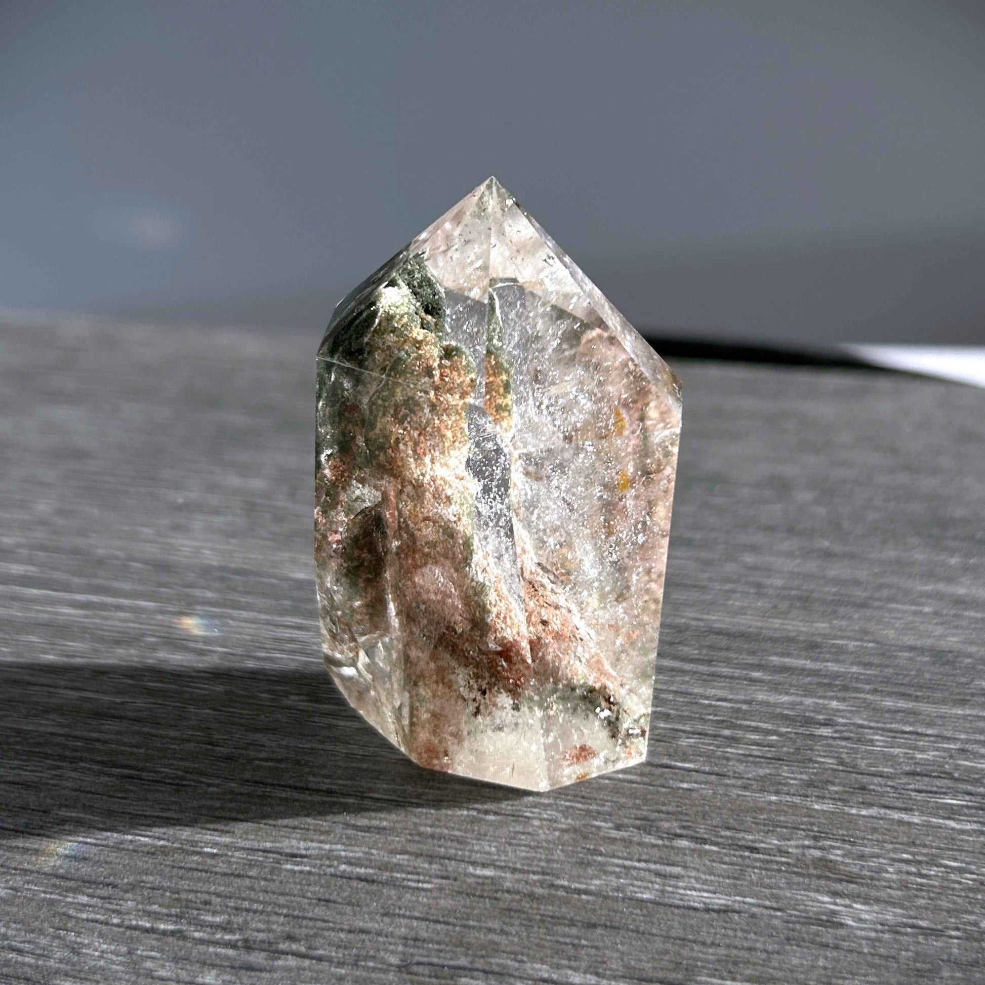 Rare Natural Green & Garden Phantom Quartz Points Polished Faceted Standing Stone | Green Garden Quartz