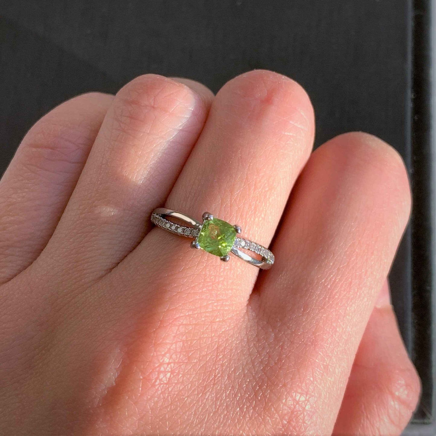 Natural Peridot Adjustable Silver Ring with Zircon