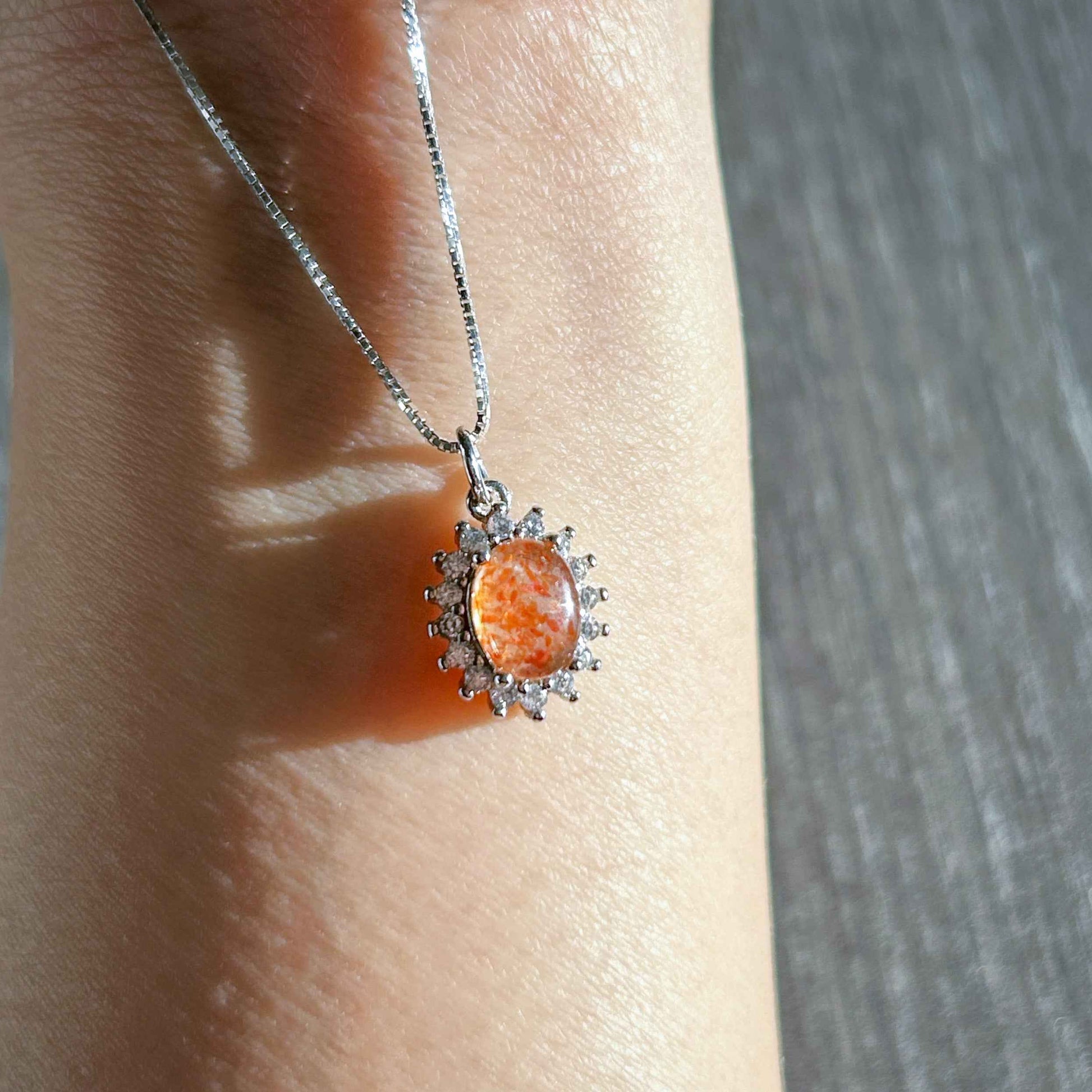 Natural Golden Sunstone Small Silver Pendant with Zircon (chain excluded)