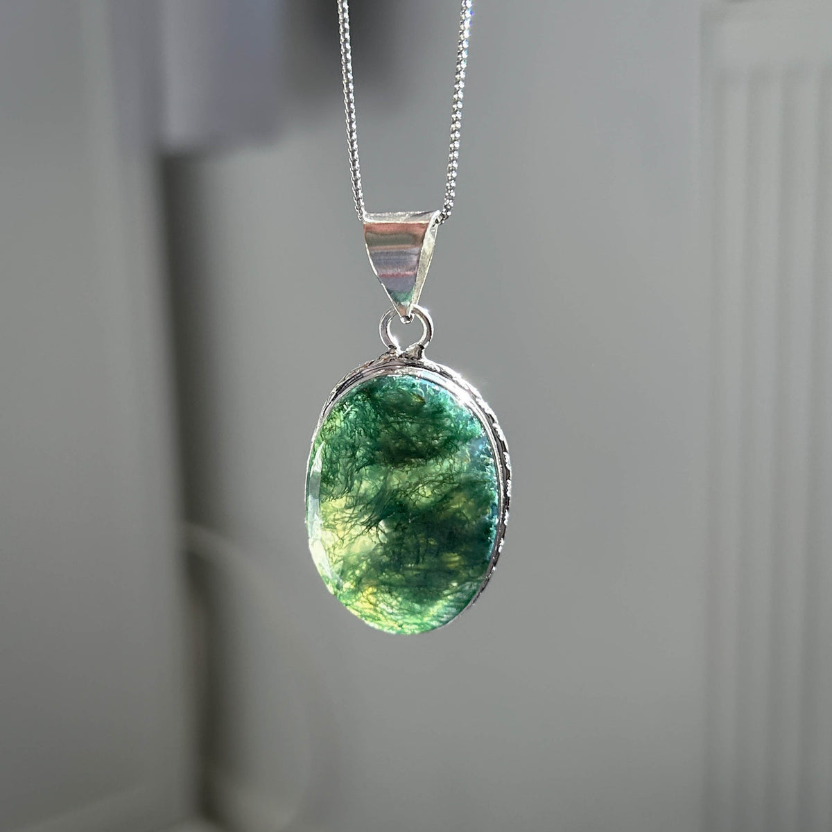 Moss Agate 925 Sterling Silver Large Pendant (chain excluded)