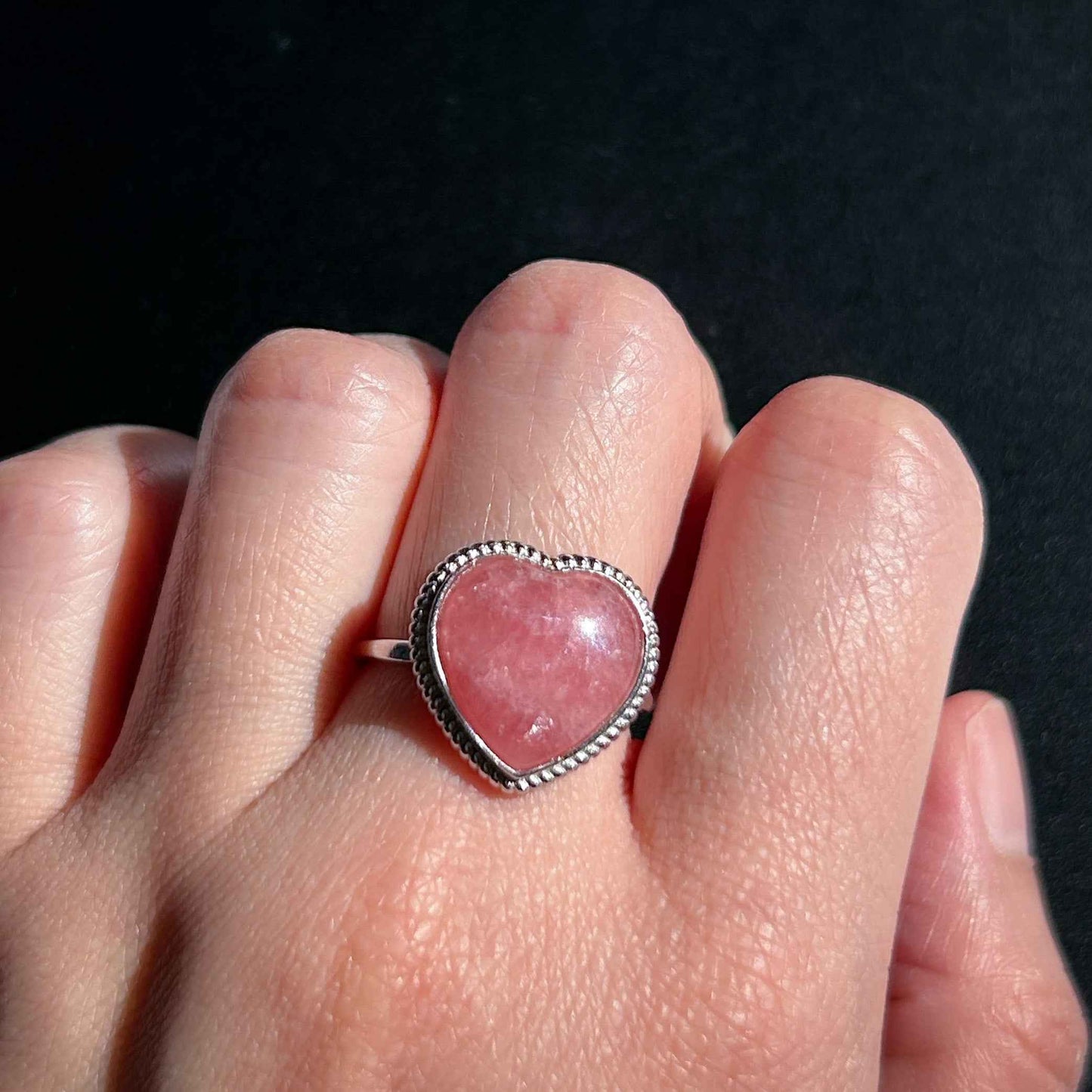Rare Rhodochrosite Adjustable 925 Sterling Silver Ring in Heart
