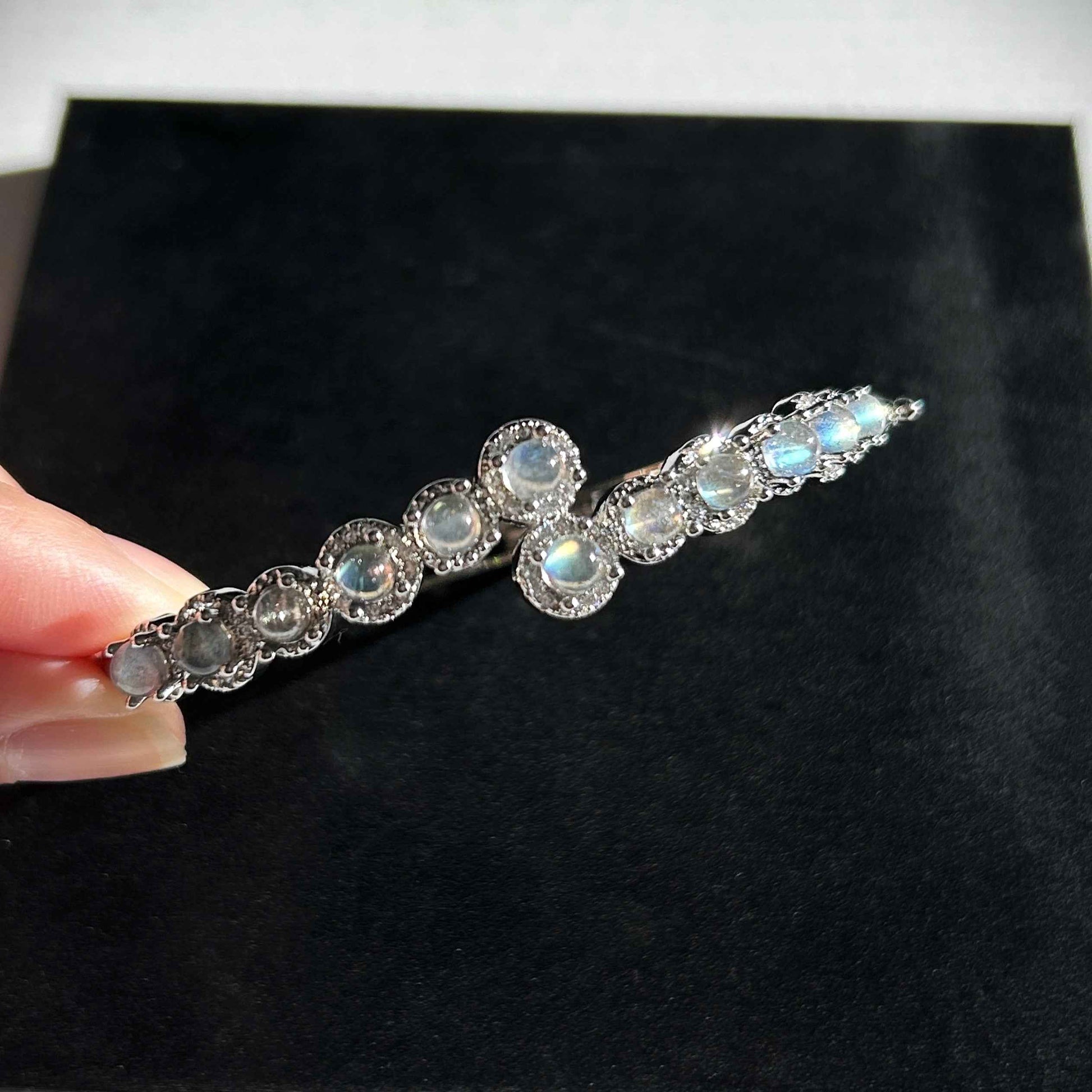 Natural Rainbow Blue Labradorite Free Size Silver Bangle with Zircon