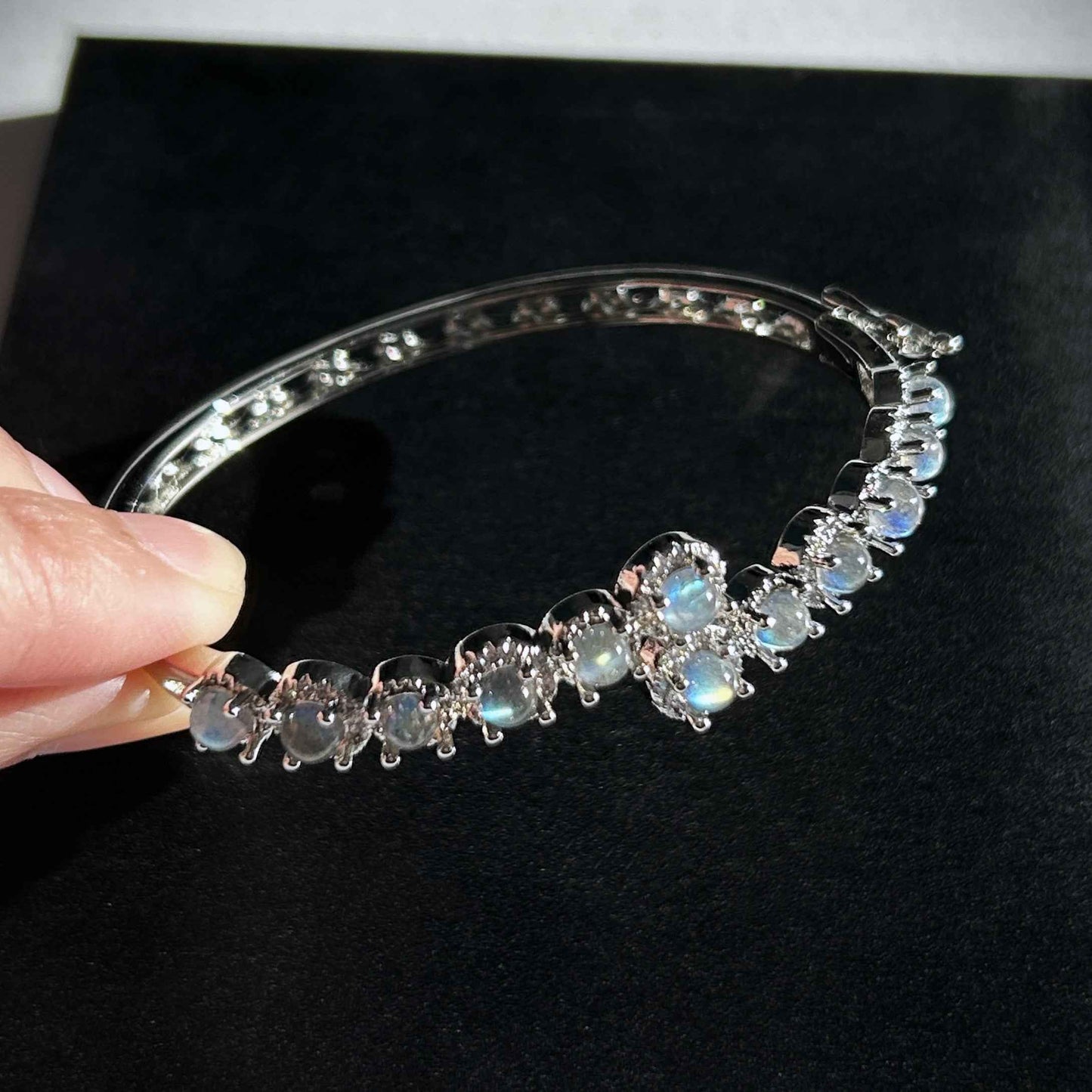 Natural Rainbow Blue Labradorite Free Size Silver Bangle with Zircon