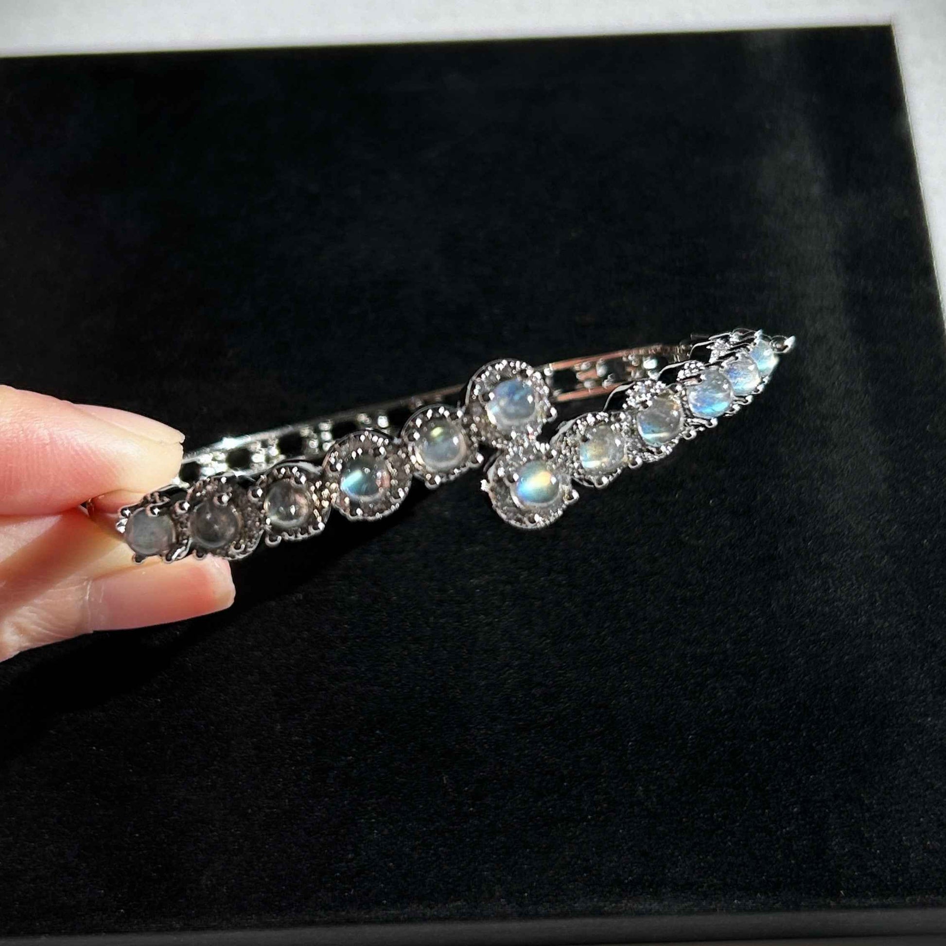 Natural Rainbow Blue Labradorite Free Size Silver Bangle with Zircon